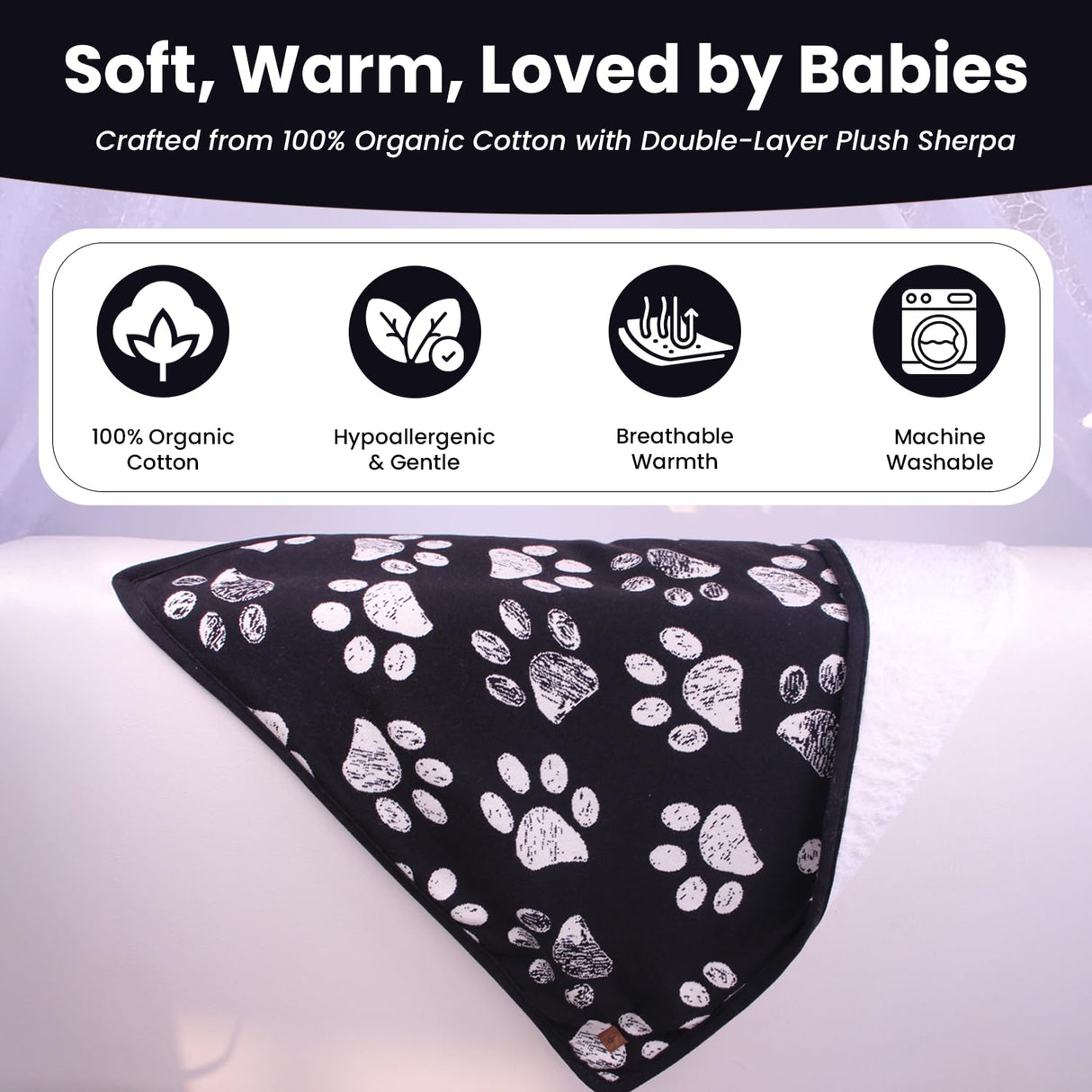 Baby & Pet Blanket 100% Cotton with Sherpa Fleece – Soft Stroller & Cuddle Blanket for Baby, Dog & Cat – Breathable, Hypoallergenic, Washable – 76×96 cm All-Season Blanket Black