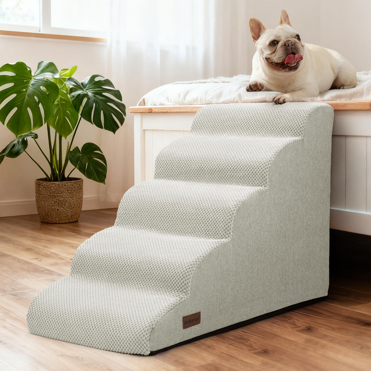 Aodisman Dog Stairs for Bed 22.4”H,5-Step Dog Ramp for Small Dogs & Cats,Pet Steps for Dogs to get on High Bed, Indoor Anti-Slip Pet Stairs for Old Cats and Puppy,Light Grey