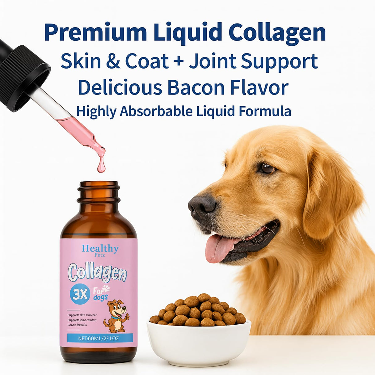 Healthy Petz Premium Liquid Collagen for Dogs - Skin & Coat Supplement with Hyaluronic Acid & Biotin, Supports Joint Health, Mobility & Hydration for All Dogs, Bacon Flavor - 2 fl oz (1)