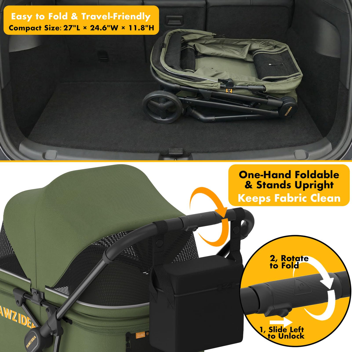 PAWZIDEA Large Dog Stroller up to 80 lbs, No-Zip 180° Reversible Canopy Lockable, Heavy Duty Pet Stroller for 2 Medium Dogs One-Hand Foldable, Low-Entry, All-Terrain Jogger Wheels, Storage Organizer