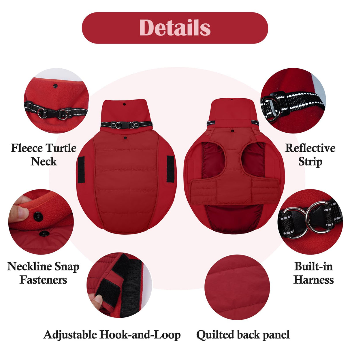 DENTRUN Dog Coat with Collar Built in - Fleece-Lined Windproof Dog Jacket, Adjustable Belly Straps & Reflective Strips, No-Sleeve Design for Beagle, Dachshund, Daily Walks, Red, M