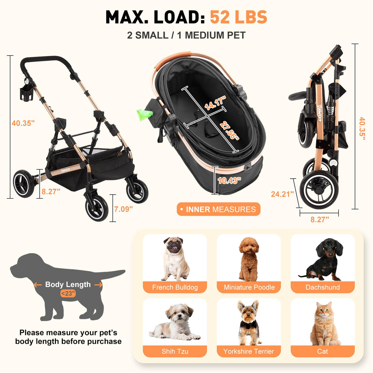 PAWLET Pet Stroller,Dog Stroller for Medium Dogs Up to 52 Lbs,Cat Strollers for 2 Cats with Waterproof Oxford Fiber Detachable Carrier,Poop Bag Dispenser,Adjustable Handle&Canopy,for Senior Dogs&Cats