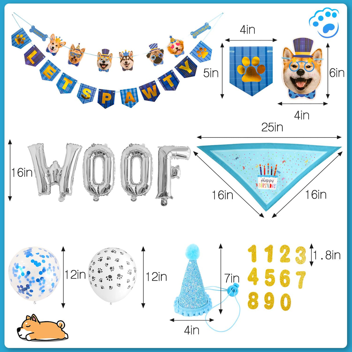 Zaabaazina Dog Party Supplies - Blue Dog Bandana, Birthday Hat, Banner, Balloons for PAWTY & WOOF Decorations