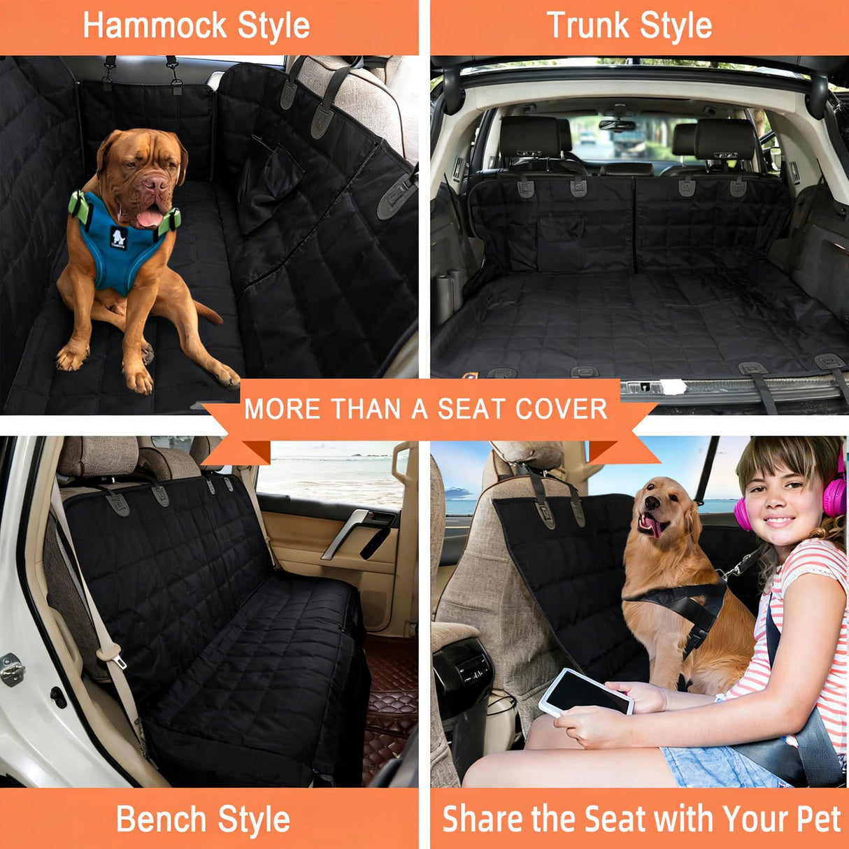 Bark Lover Dog Car Seat Covers Hammock for Cars Trucks SUV - Waterproof Pet Car Seat Protector for Backseats, More Durable Zippered Side Flaps Ensure Dog Travel Safety,Black Regular