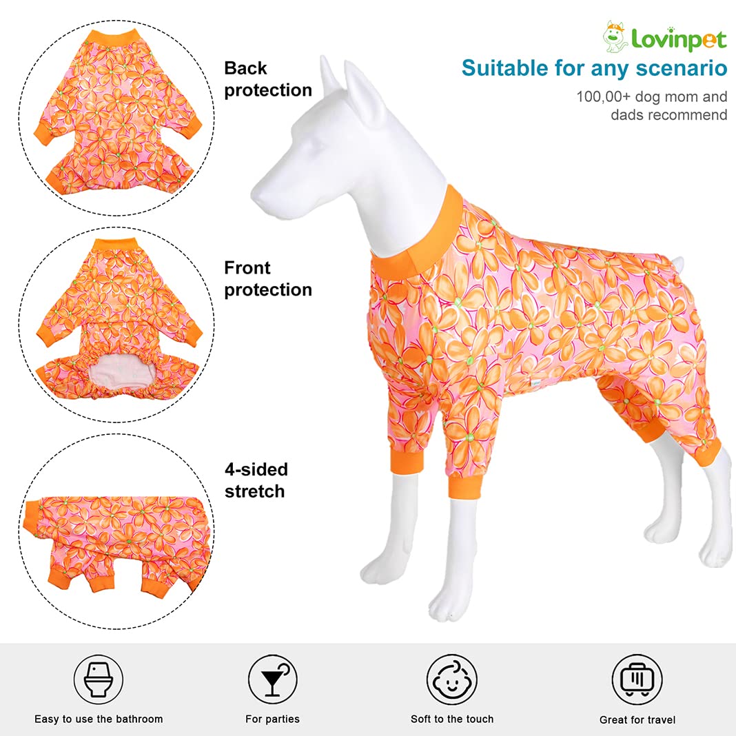 LovinPet Pj for Large Dog, Anti Licking Shirt, Wound Care Post Surgery Dogs Pajamas, Lightweight Stretchy Skin-Friendly Fabric, Orange Daisy Print, Large Dog Pjs, Use for Travel, Parties, Orange L