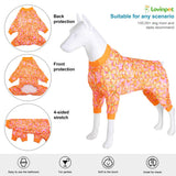 LovinPet Pj for Large Dog, Anti Licking Shirt, Wound Care Post Surgery Dogs Pajamas, Lightweight Stretchy Skin-Friendly Fabric, Orange Daisy Print, Large Dog Pjs, Use for Travel, Parties, Orange L
