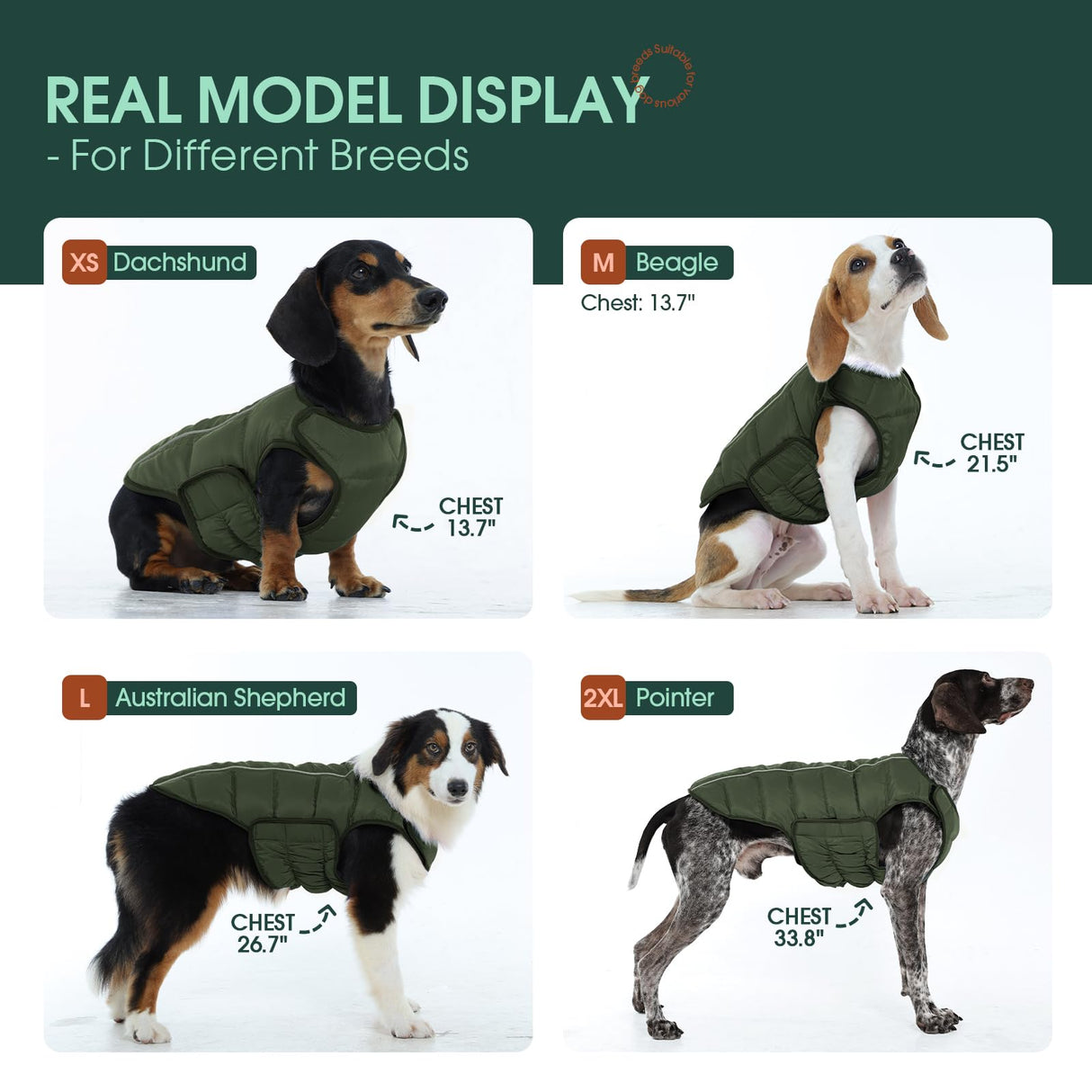 Kuoser Dog Puffer Jacket Warm Dog Coat for Extra Large Dogs, Windproof Reflective Pet Padded Vest Cold Weather Clothes Puppy Snowsuit with Hook & Loop Coats, Easy On/Off, Green 2XL