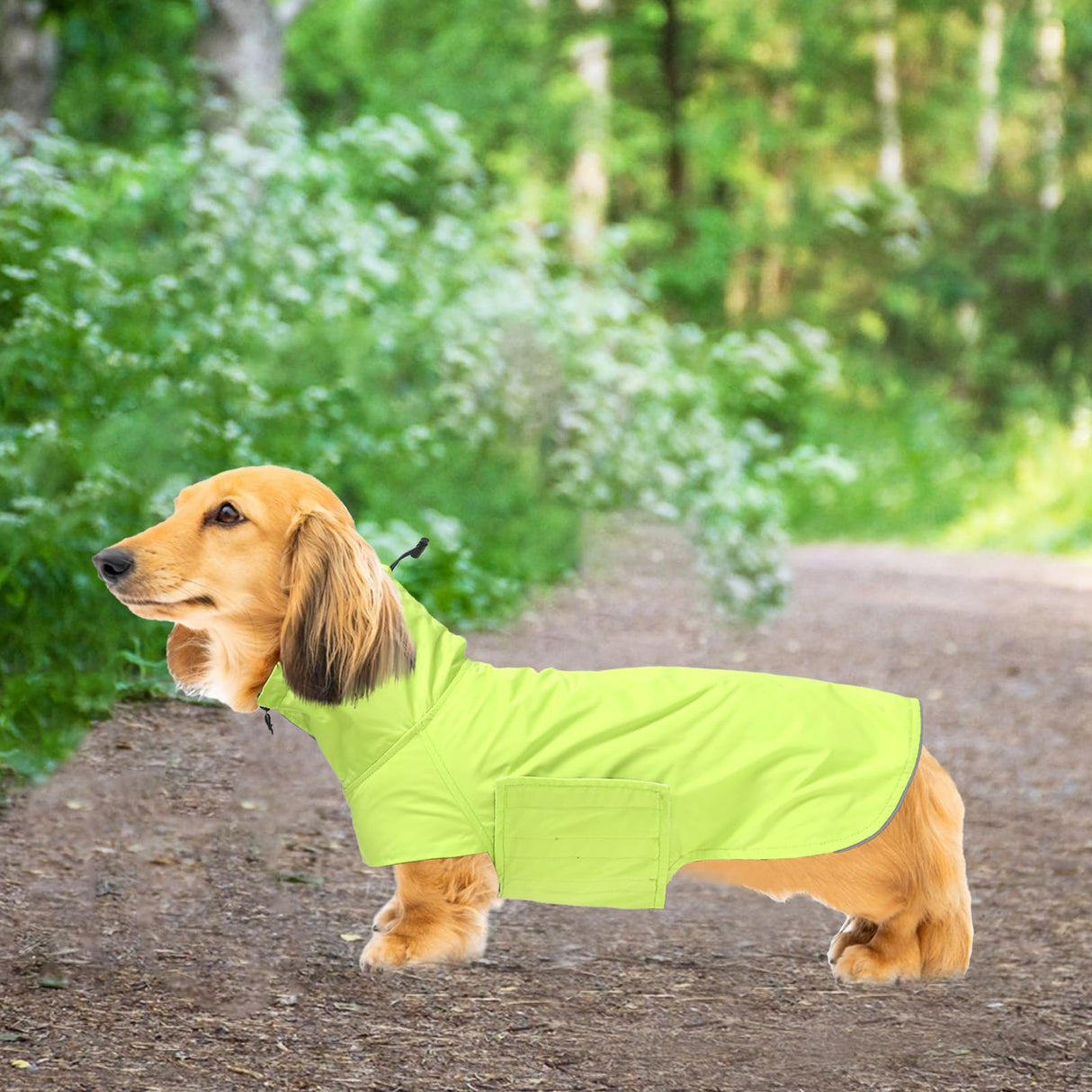 Geyecete Dachshund Raincoat,Miniature Dachshund Raincoat Waterproof Adjustable with High Neck with Harness Hole for Dachshund-Green-L