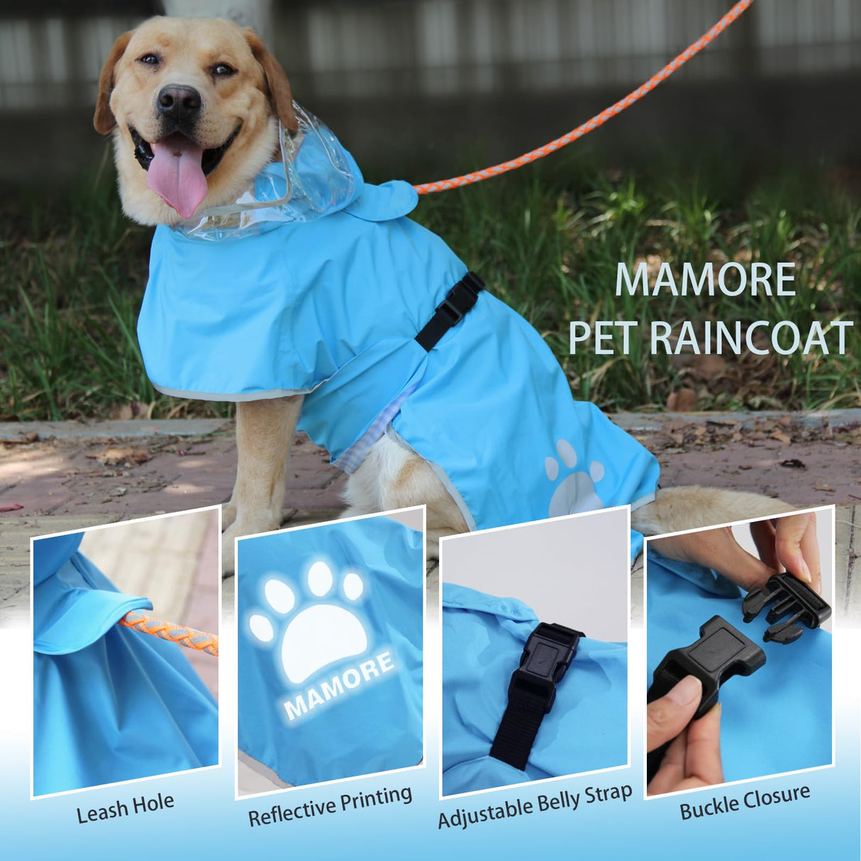 Waterproof Dog Raincoat, Reflective Adjustable Hooded Dog Rain Coat, Lightweight Breathable Pet Rain Jacket Poncho Double Layer with Leash Hole for Small Medium Large Dogs (Blue, Small)