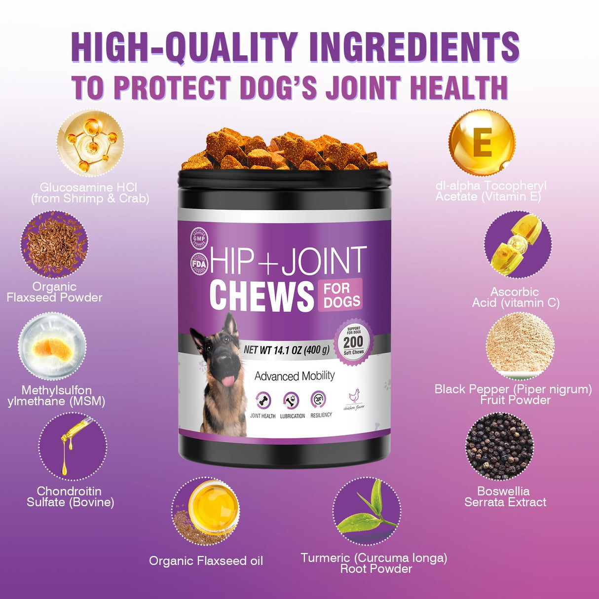 Glucosamine for Dogs 200pcs Joint Support Supplement Dog Hip and Joint Chondroitin Chews Treats with MSM Dog Joint Pain Relief Mobility Supplements Chicken Flavor Fit All Large Small Medium Breed