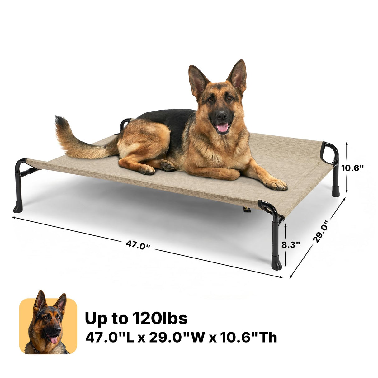Veehoo Outdoor Dog Bed, Raised Dog Beds for Large Dogs, Elevated Dog Bed with Headrest, Washable Cooling Pet Cot with Non-Skid Feet, Breathable Mesh, Pet Hammock for Indoor or Camping, 47", Beige