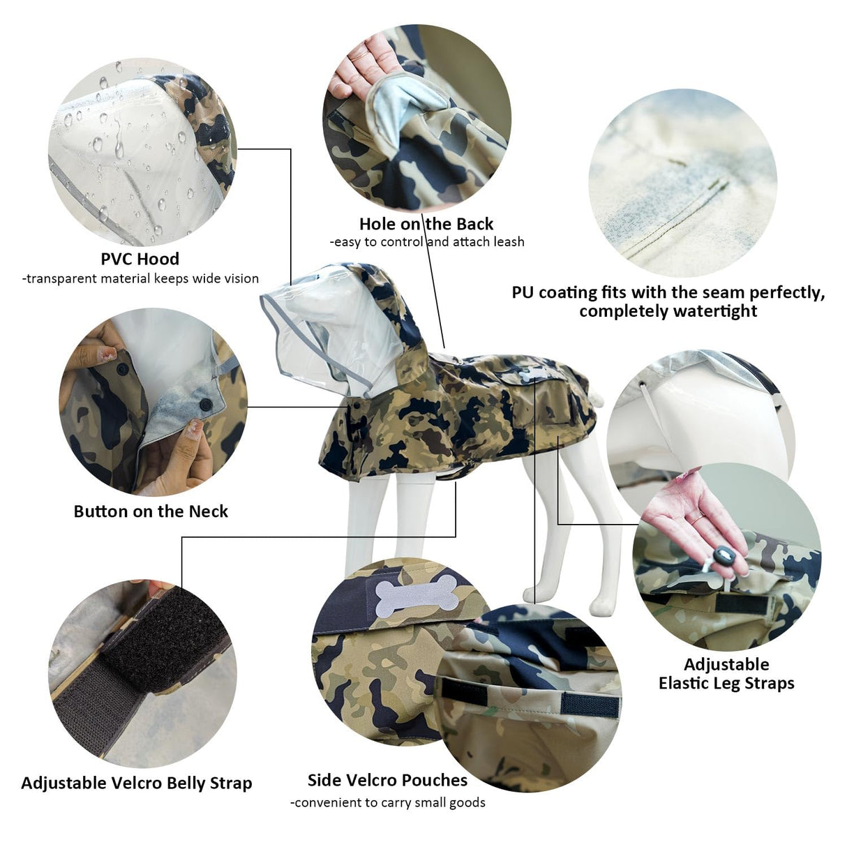 Waterproof Dog Raincoat, Adjustable Reflective Lightweight Pet Rain Clothes with Poncho Hood(X-Large,Camo)