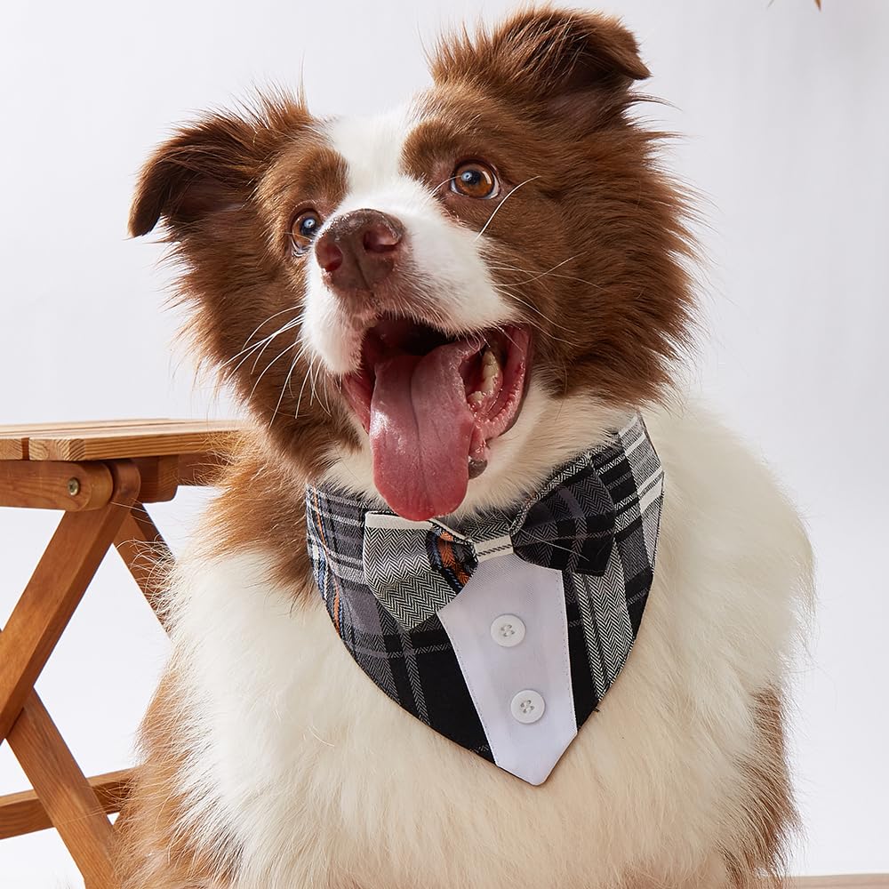 HDGDT Plaid Dog Bandana Tuxedo with Bow Tie, Adjustable Washable Cotton Formal Pet Wear for Dogs and Cats XS to XL
