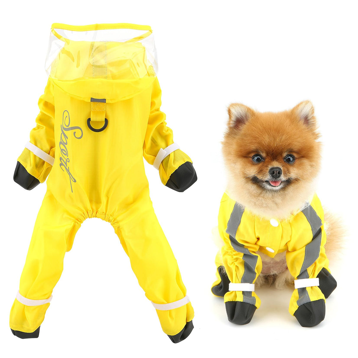 SMALLLEE_LUCKY_STORE Waterproof Raincoat for Small Dogs with Clear Hood Boots Puppy Rain Jacket with D-Ring Reflective Stripe Full Boby 4 Leg Jumpsuit Rain Coat Rain Jacket Slicker Rainwear Yellow M