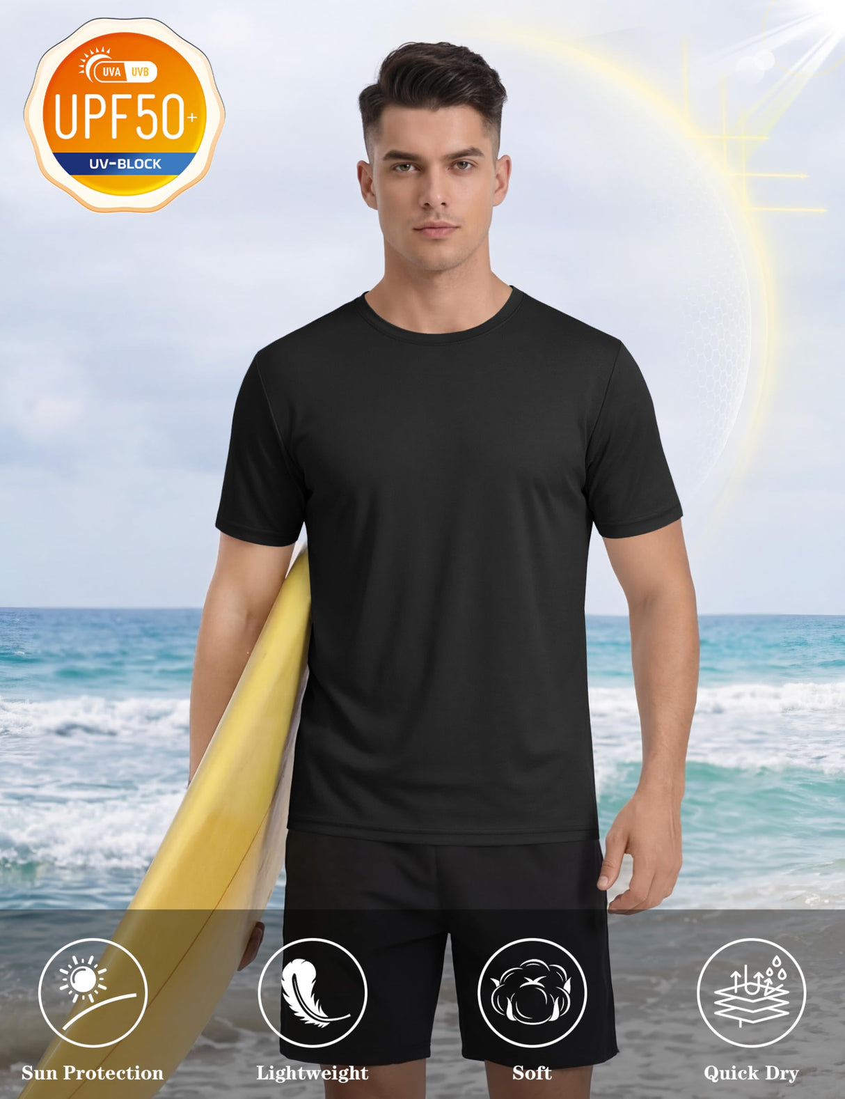 KEFITEVD Mens Athletic Sun T-Shirts Lightweight Shirts UV Protection Clothing for Men Outdoor Hiking Shirts Gym Shirts Sports Shirts Black