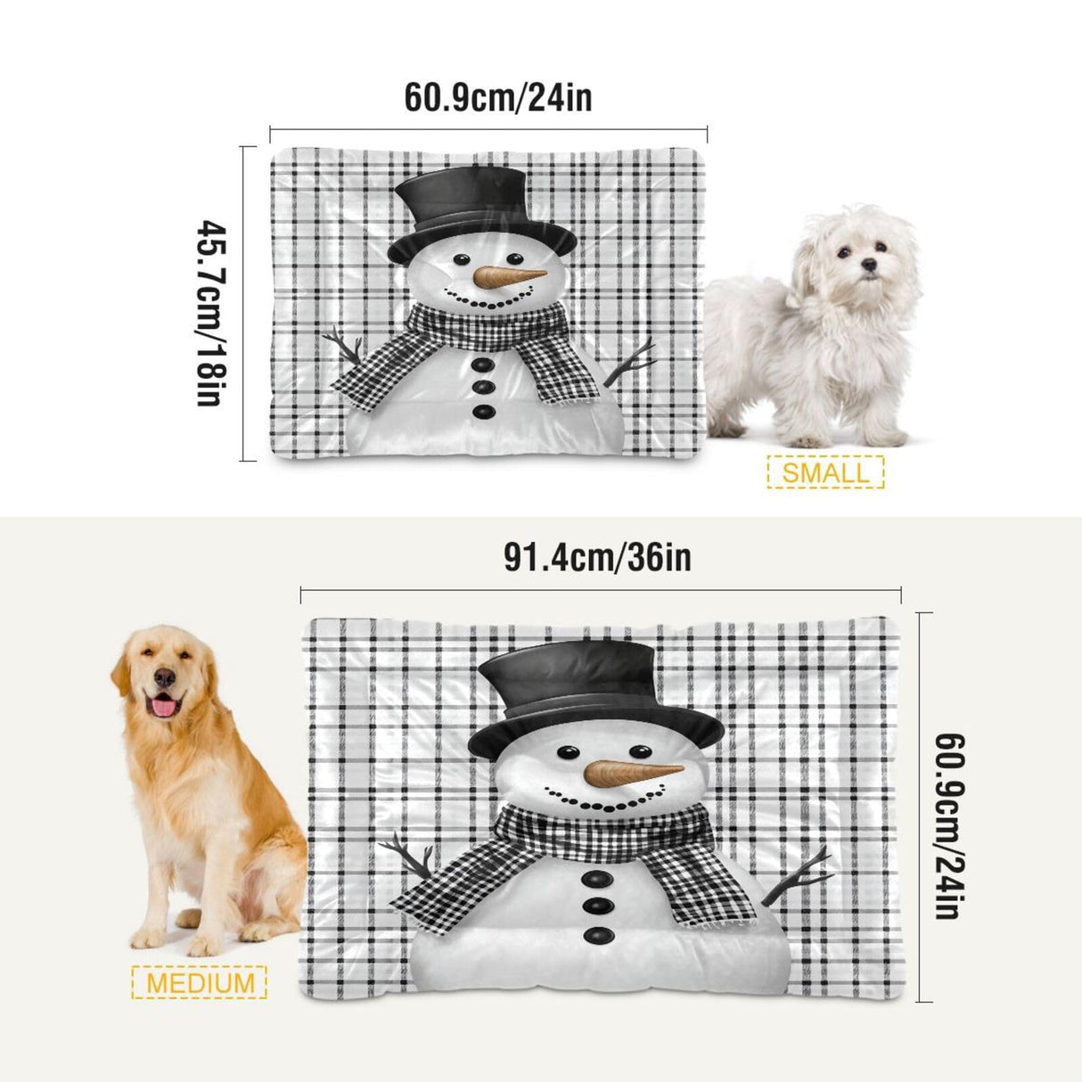 Coikll Snowman with A Black and White Plaid Pet Bed Pad Soft Dog Bed Mat with Anti-Slip Bottom, Machine Washable Crate Pad Mattress for Dog Sleeping- 24 * 18 inches
