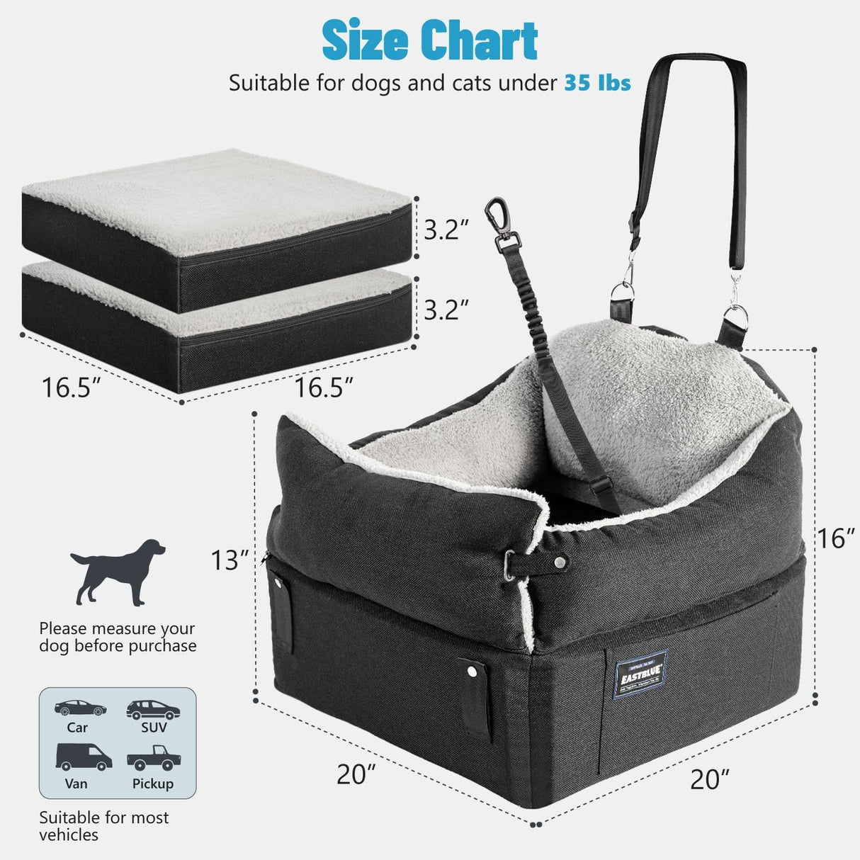 EASTBLUE Dog Booster Car Seat: Elevated Car Seat for Small Medium Dogs 0-35 lbs Washable & Safety Dog Travel Bed with Memory Foam Cushions for Pet Puppy Cat