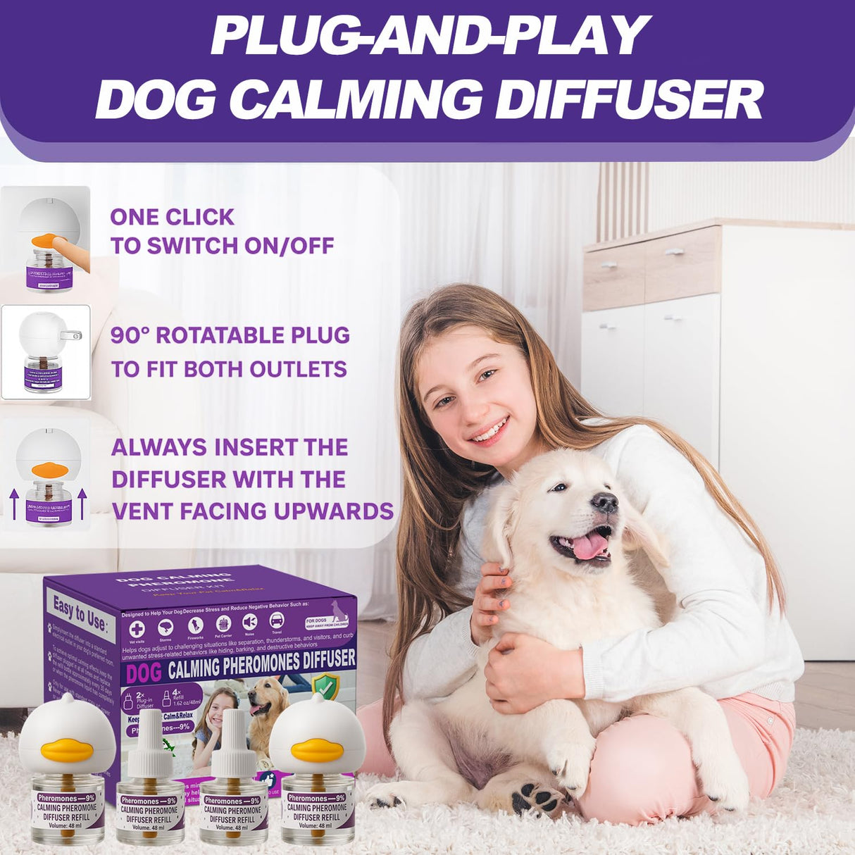 Dog Calming Pheromones Diffuser & 6 in 1 Kit Appeasing Dog Pheromone Diffuser to Calm (2 Plug in+4 x48ml Refill) Dog Calming Diffuser Anxiety Reduce Aggression Fighting Barking Stress 120 Day Supply