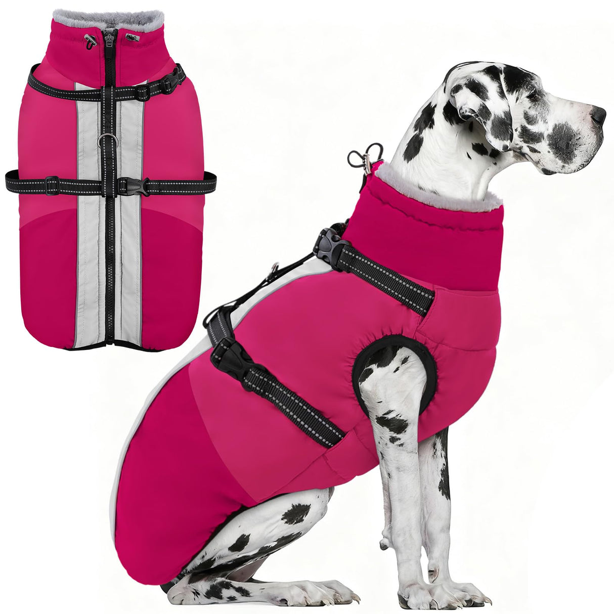 AOFITEE Dog Coats for Large Dogs, Waterproof Dog Winter Jacket with Harness Built in, Warm Large Dogs Coat with Fleece Lined, Zip Up Pets Jackets for Golden Retriever, Weimaraner, Hot Pink 2XL
