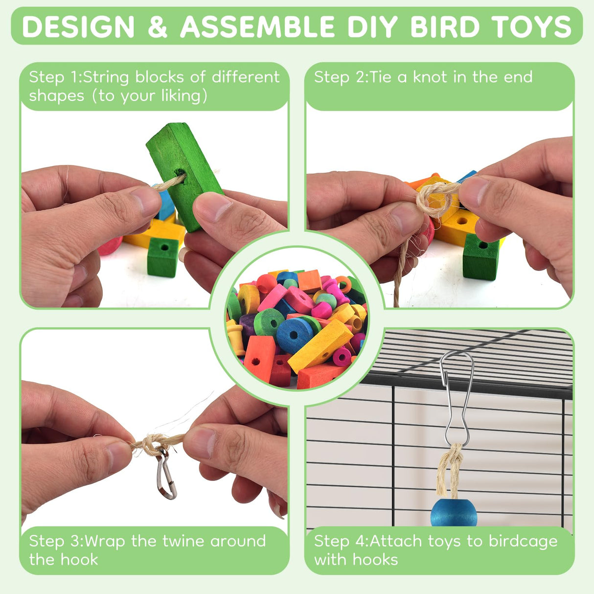 DBNESS Bird Toys for Parrot, 165 Pcs Colorful Multi-Shaped DIY Wooden Blocks Craft, Birds Cage Chewing Playing Training Toy for Cockatoos, Macaws, African Grey and Small Medium Parrots