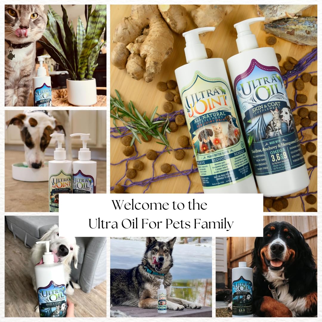 Ultra Oil Skin and Coat Supplement for Dogs and Cats with Hemp Seed, Flaxseed, Grape Seed, and Fish Oils for Relief from Dry Itchy Skin, Dull Coat, Hot Spots, Dandruff, and Allergies, (16 oz)