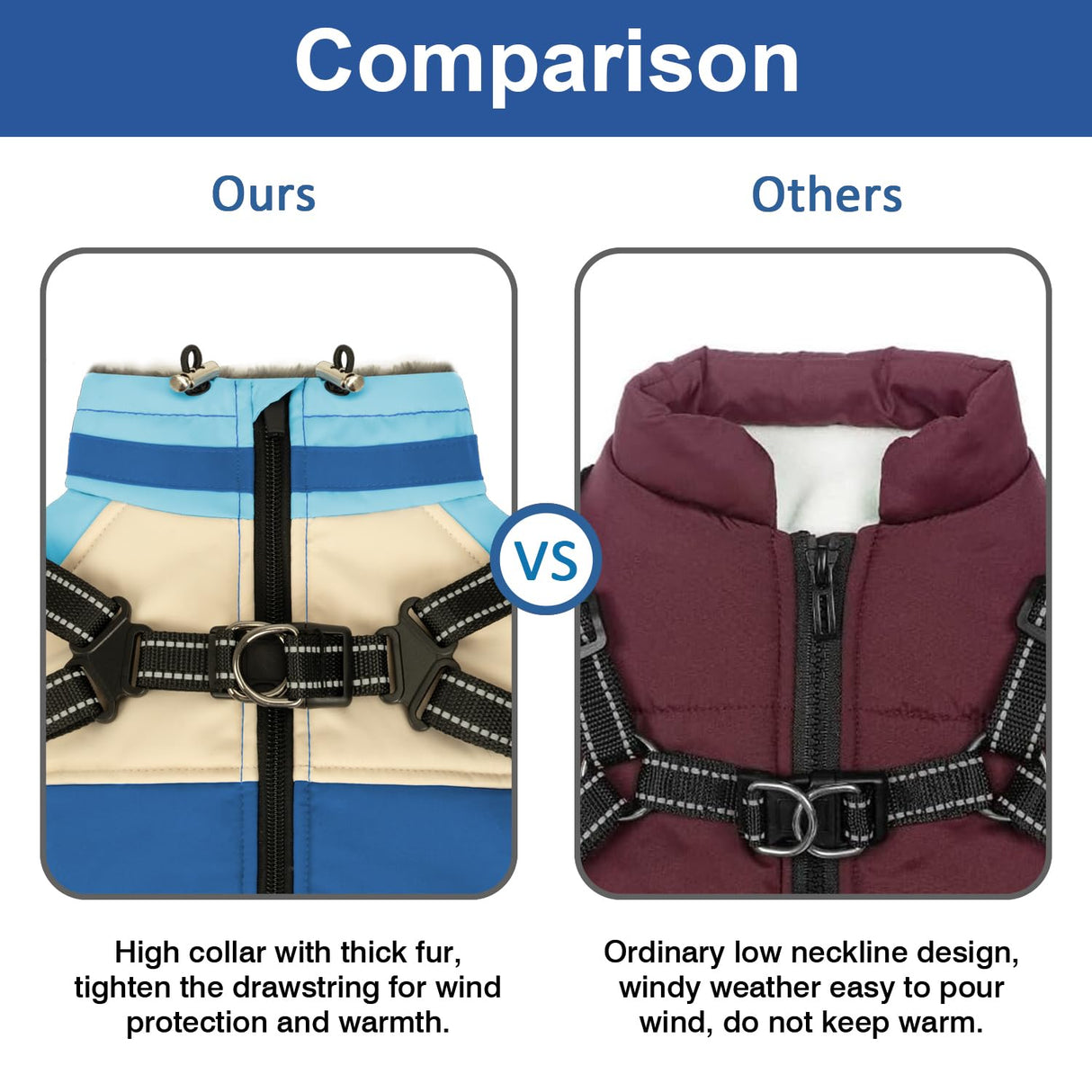 AIMYDOG Winter Coat, Waterproof Jacket, Warm Turtleneck Fleece Vest With Built-in Harness, Reflective Snow Jacket Snowsuit for Small Medium Large Dogs, Blue M