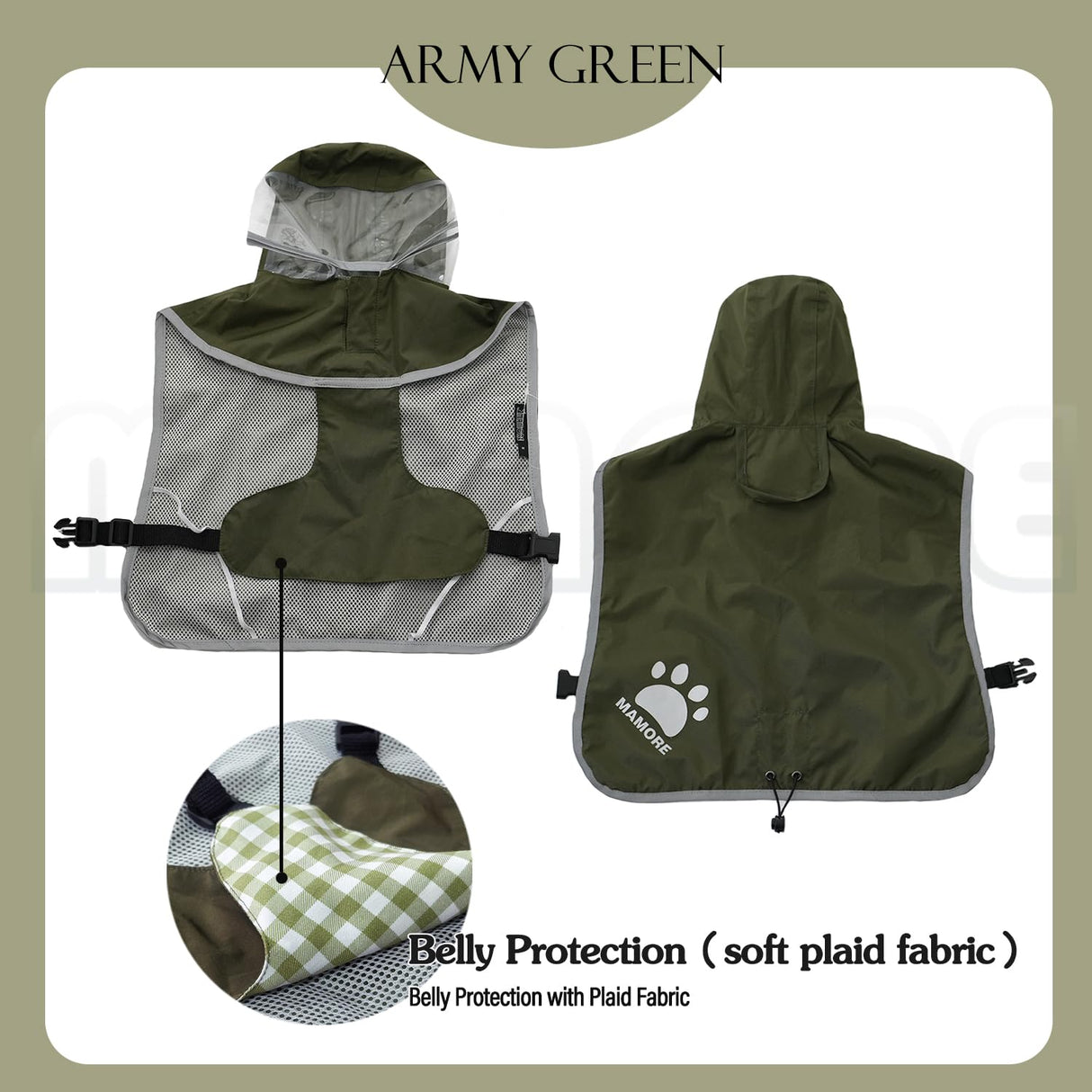 MAMORE Dog Raincoat Hooded Rain Jacket for Small Medium Large Dogs Slicker Poncho Bottom Waterproof Adjustable Reflective Breathable Leash Hole (Army Green, Large)