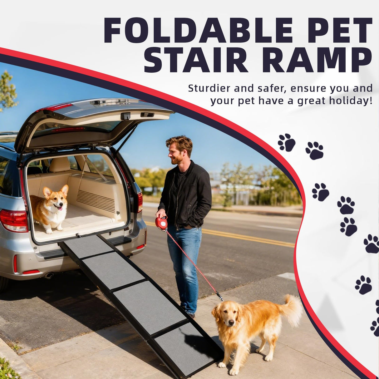 PENSUN Dog Ramp for Car, 71" x 20" Foldable Pet Ramp with Non-Slip Rug Surface, Portable Dog Car Ramp for Medium & Large Dogs Up to 250LBS Enter SUV Car & Truck