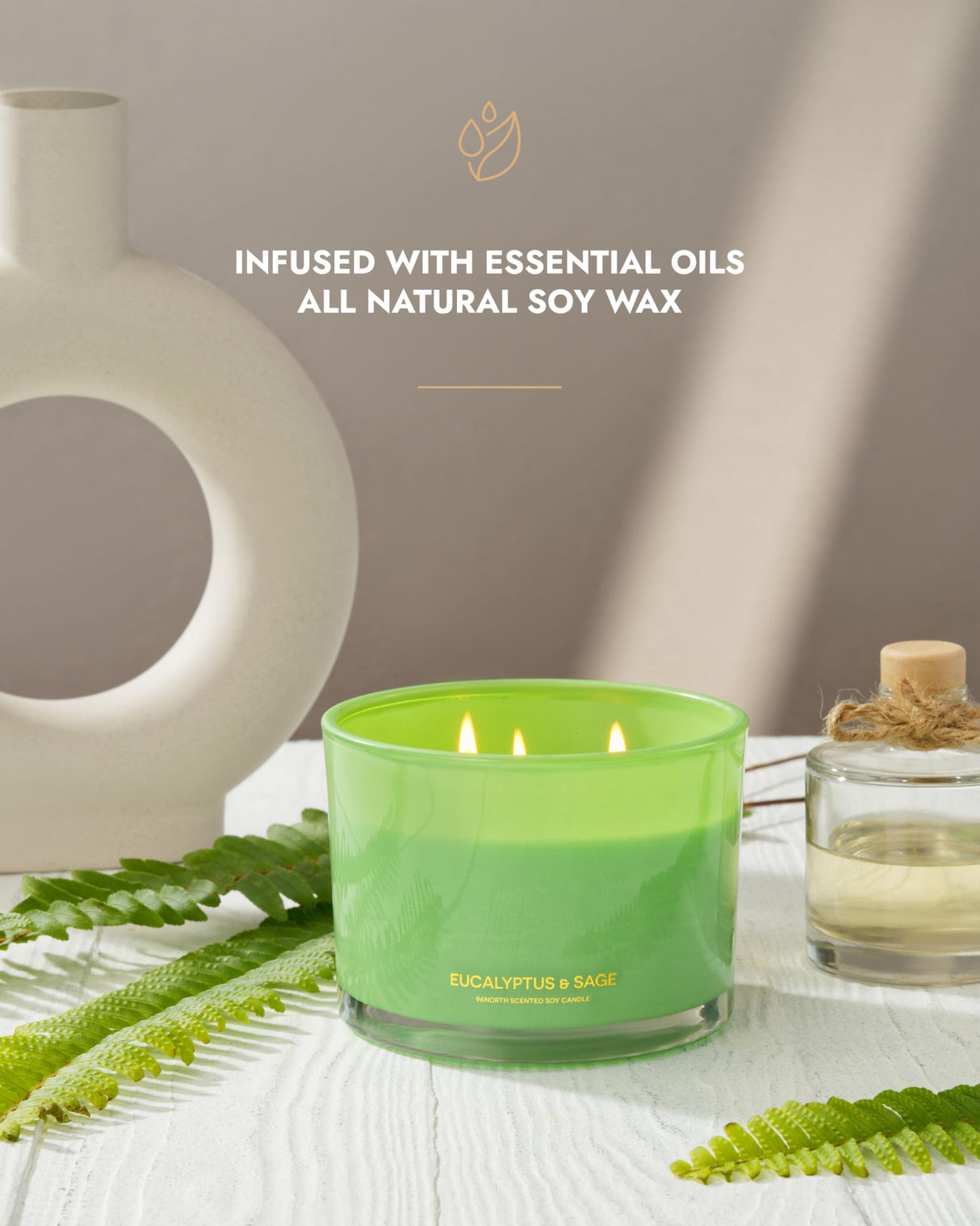 96NORTH Luxury Eucalyptus & Sage Soy Candle | Large 3 Wick Jar Candle | Up to 40 Hours Burning Time | 100% Natural Soy Wax | Housewarming Gift for Men and Women