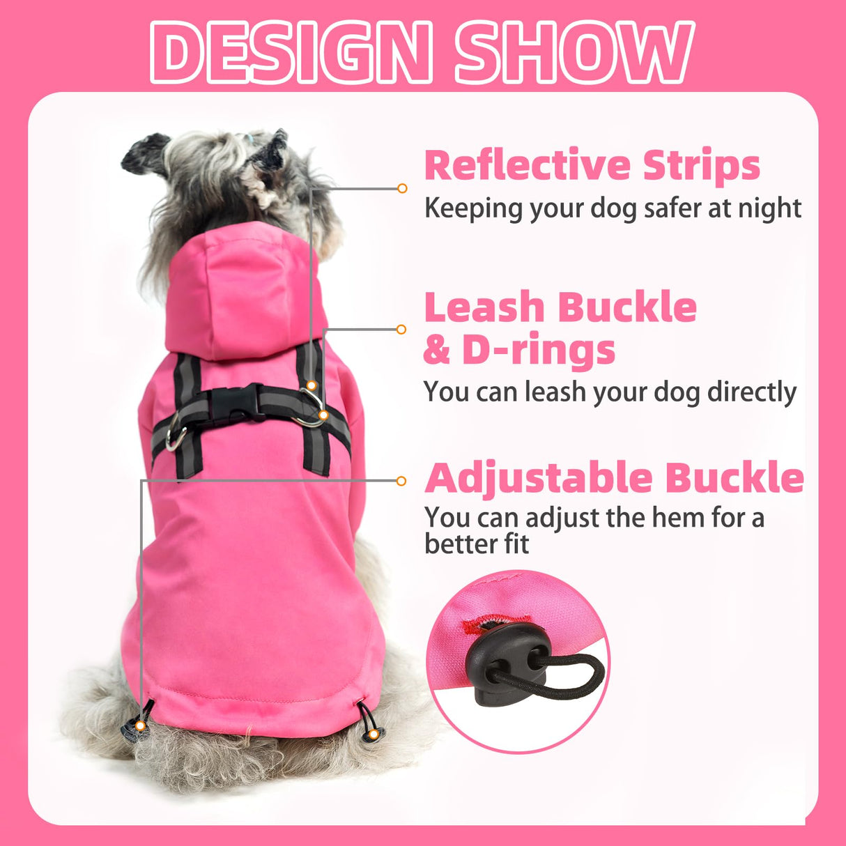 PUPTECK Dog Raincoat with Hood & Harness Built-in, Waterproof Dog Rain Jacket Slicker Poncho Reflective Vest Clothes for Rainy Snowy Winter Cold Days, Fuschia M