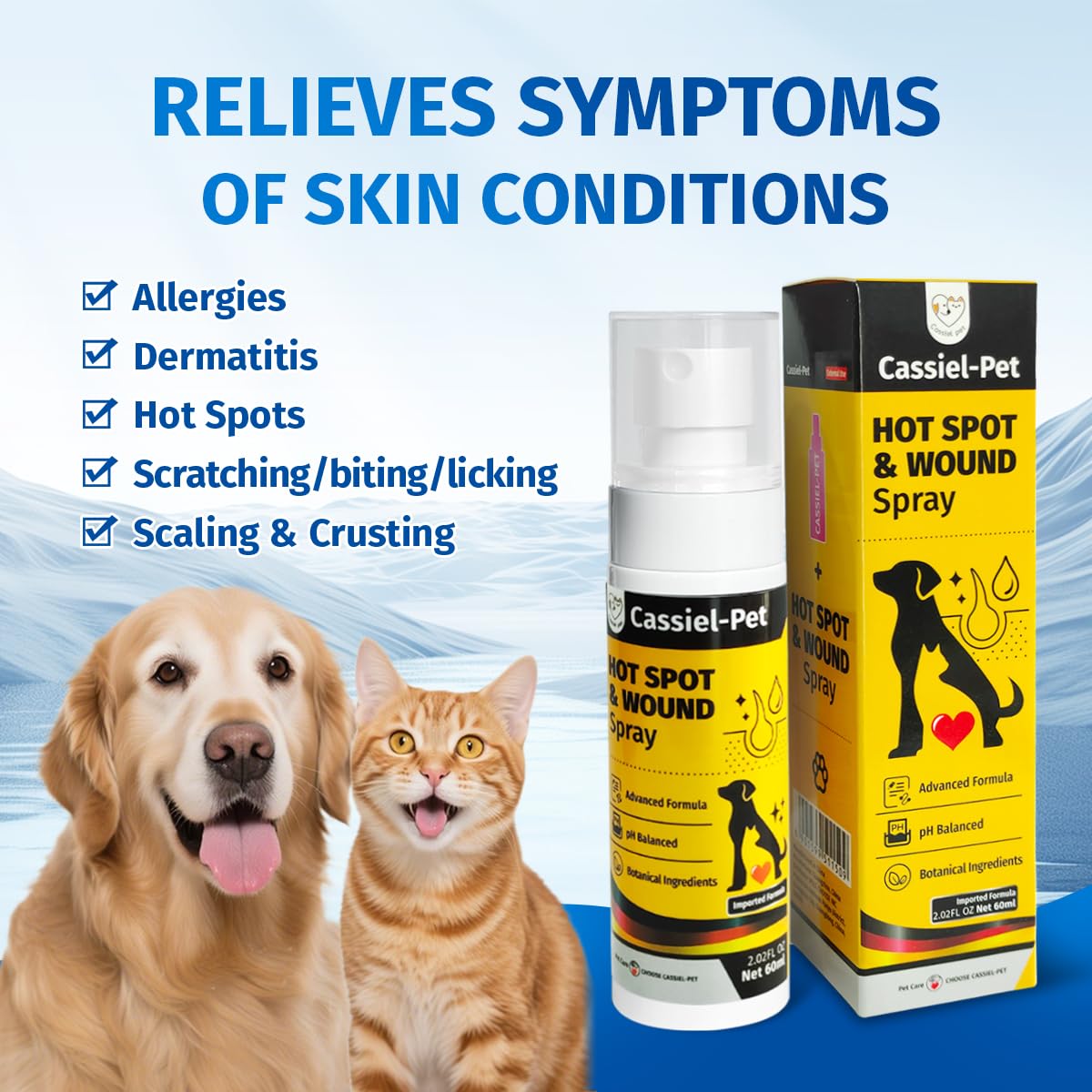 Cassiel pet Hot Spot Spray for Dogs, Itch Relief Spray & Hot Spot Treatment for Dogs, Helps Alleviate Allergies Dry Itchy Skin, Wound Care Spray for All Animals, 2.02oz