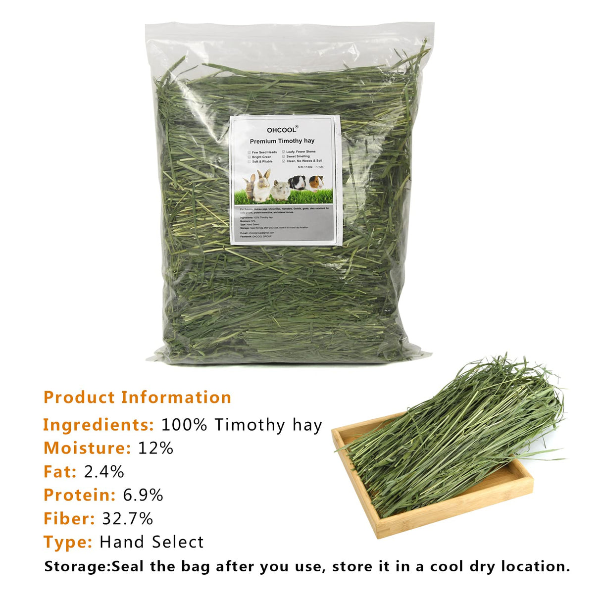 Ohcool Timothy Hay 2.2LBS - Premium Hay for Rabbits Tortoise Guinea Pig Chinchilla - Dust Free Natural Fresh Hay (1.1 lbs, 2 Pack)