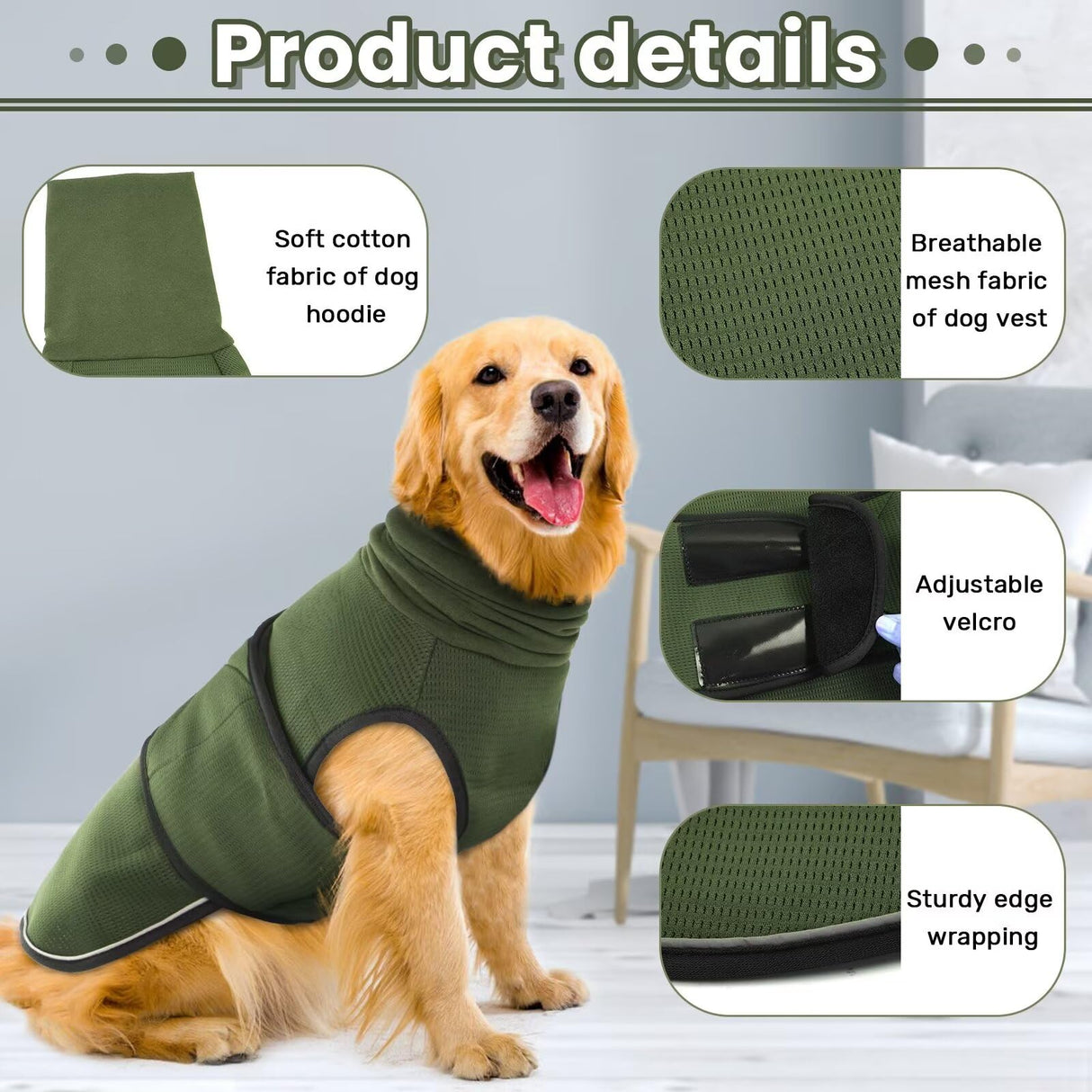IDOMIK Dog Anxiety Calming Hoodie, Breathable Jacket Vest for Thunderstorms, Fireworks, Vet Visits, Separation, Adjustable for Noise Block & Ear Protection Recovery, Green, XS