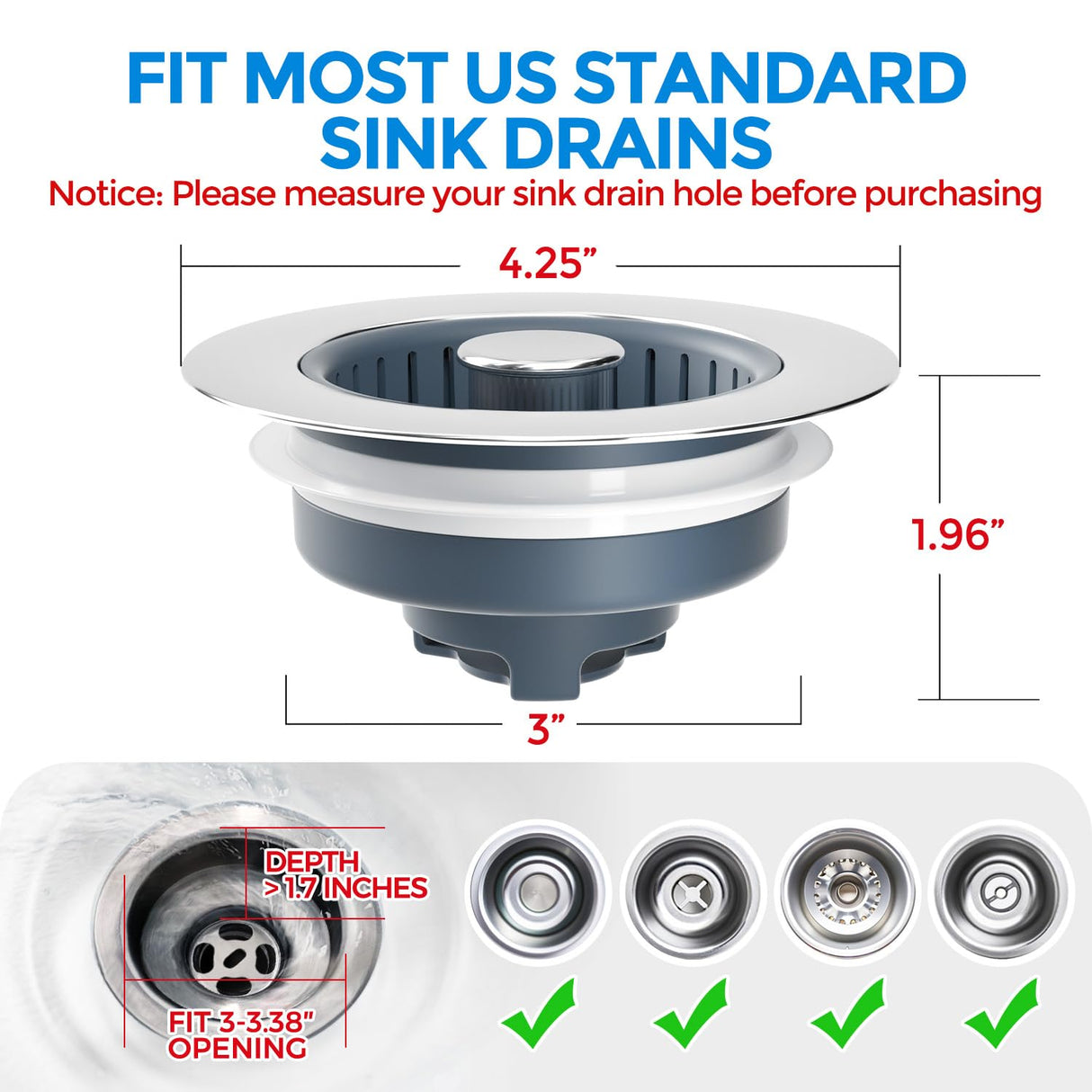 2 Pack Sink Drain Strainer, Sink Stopper, 3 in 1 Stainless Steel Kitchen Sink Drain Strainer with Anti-Clogging Basket, Fit US Standard 3-1/2 Inch Drain Hole