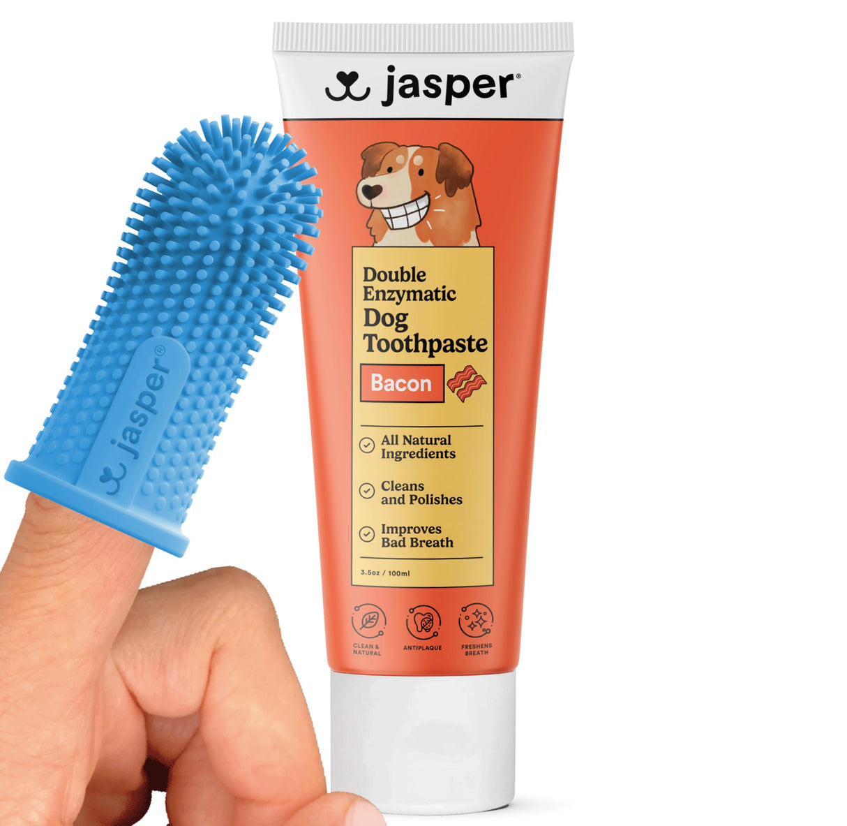 Jasper Dog Tooth Brushing Kit and Dog Toothpaste Kit with Dog Toothbrush Enzymatic, Plaque Remover Imporves Bad Breath Natural Pet Toothpaste Dog Toothbrush and Toothpaste 3.5oz Bacon Flavor
