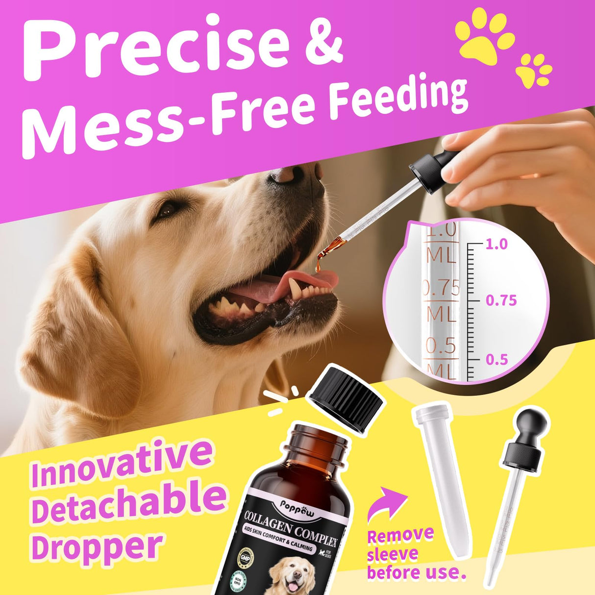 POPPAW Liquid Collagen for Dogs Skin Comfort & Calming, Dog Itch Relief & Anti-Scratching & Coat Supplement with Biotin for Skin Barrier & Sensitive Immune Health Support - Chicken Flavor, 2 FL.Oz