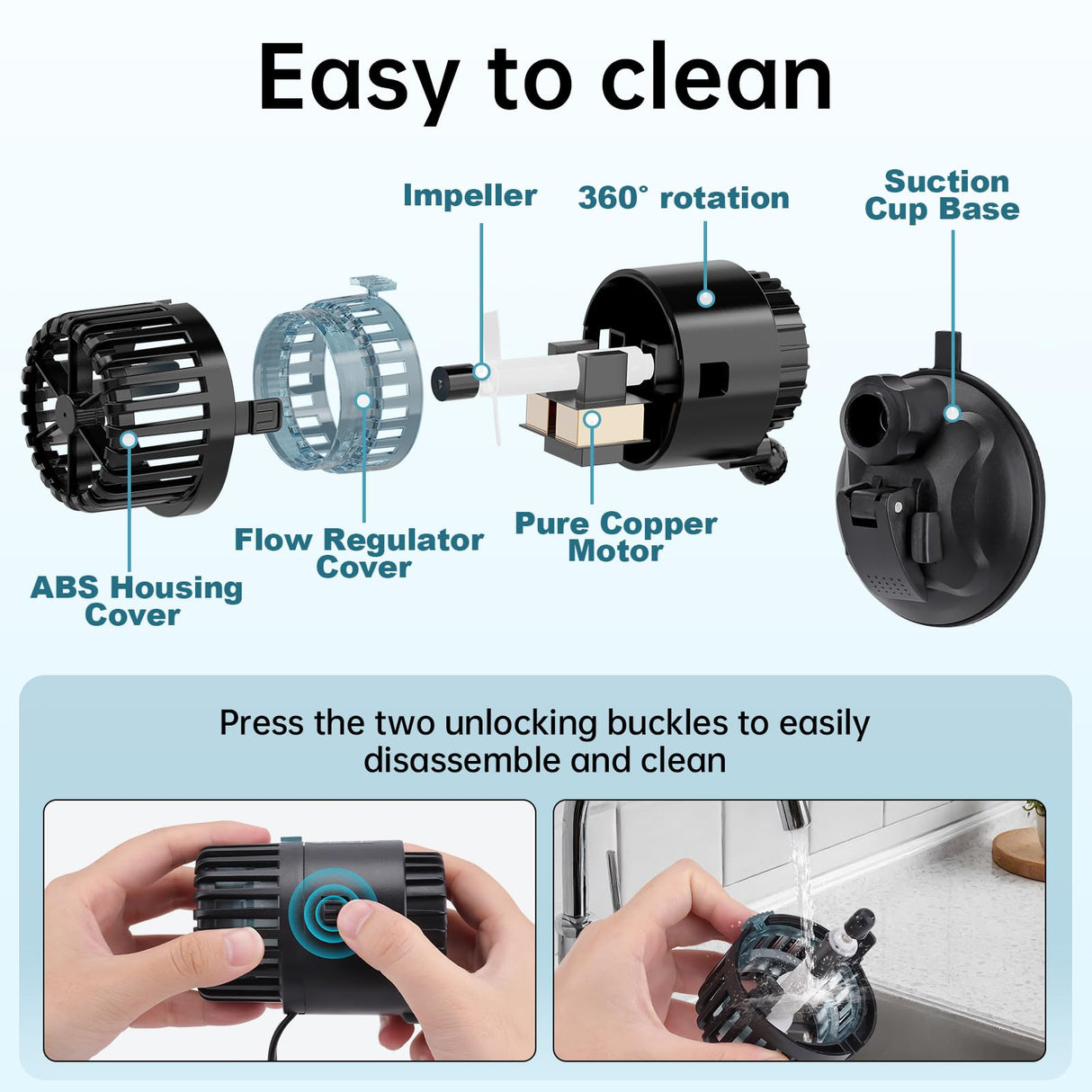 AQQA Wave Maker for Aquarium 75-150 Gallon 2110 GPH Water Circulatio Pump Powerhead Fish Tank Wavemaker with Suction Cup 360°Rotatable Quiet Operation for Freshwater(12W)