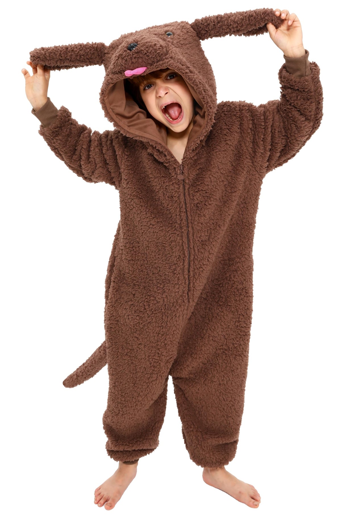Loiahoer Kids & Teens Poodle Dog Onesie Costume Brown Puppy Dog Halloween Costume Cosplay Costume for Girl and Boy,XS