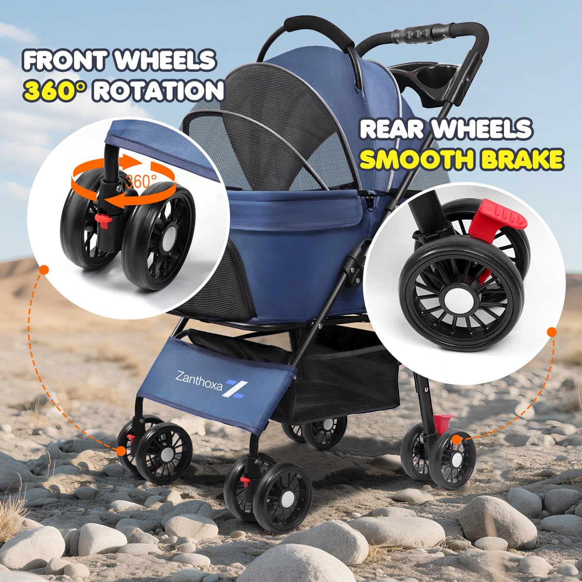 Dog Stroller, 4 Wheels Pet Stroller for Small & Medium Dogs, One-Click Foldable Cat Strollers Up to 45 Ibs with Storage Basket, Cup Holder and Breathable Mesh