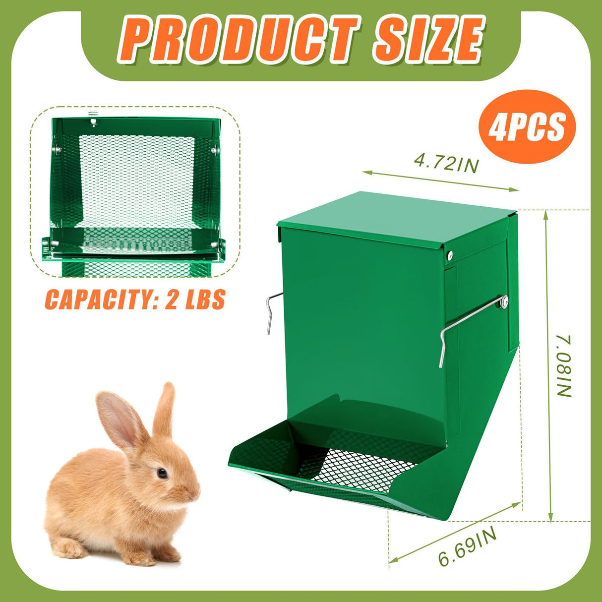 Maxcheck 4 Pcs Rabbit Feeder for Cages Small Animal Food Dispenser with Lid Metal Rabbit Feeders Outside for Guinea Pig(4.7 Inches,Green)