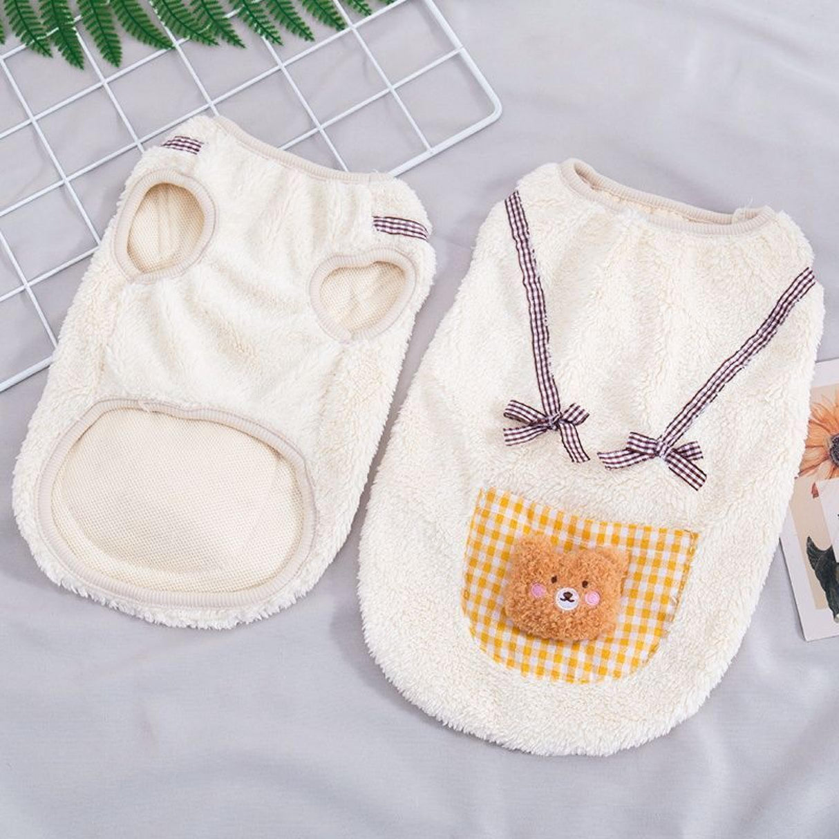 Cute Cat Apparel with Bow and Plaid Pocket Plush Dog Pullover Sweater Warm Soft Kitten Turtleneck for Indoor Cats and Small Medium Dogs (Yellow, M (3.3-6.6lbs))