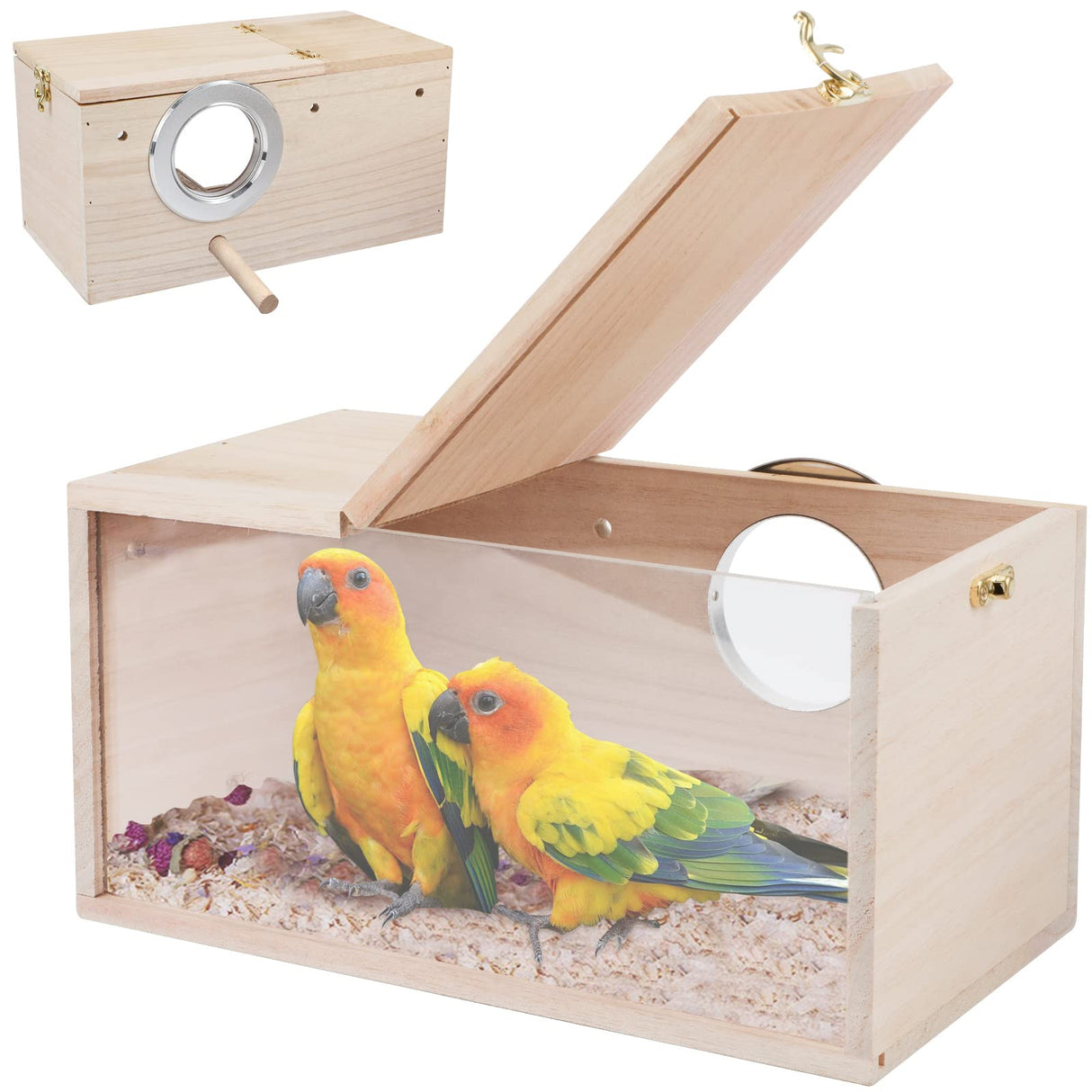 Rypet Parakeet Nesting Box Transparent Design, Thwartwise Bird Nest Breeding Box with Perch Wood Bird Cage House for Cockatiel Lovebirds Budgie Finch Parrotlets Canary M