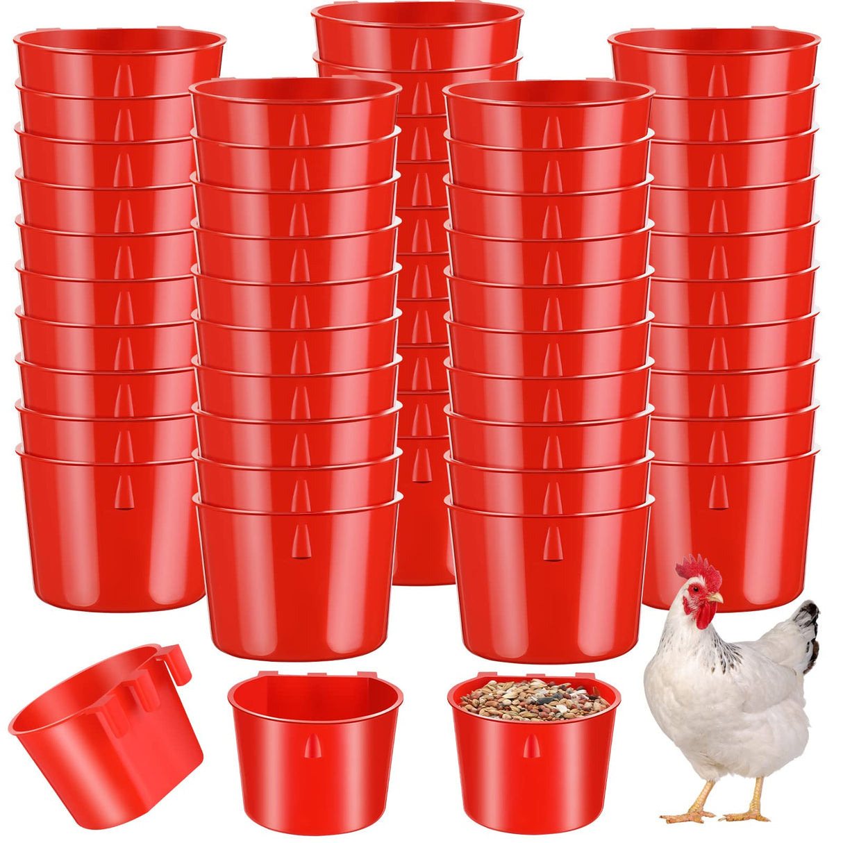 Sumind 60 Pcs Cage Cups Chicken Feeder Birds Hanging Feeders Seed Bowl 8 oz Plastic Water Bowl Hanging Chicken Gamefowl Waterer Feeding Watering Dish Coop Cups for Parrot Parakeet Poultry(Red)