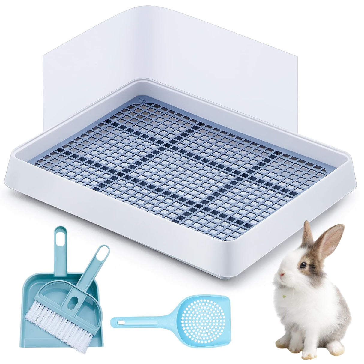 Uiifan Large Rabbit Bunny Litter Box Guinea Pig Litter Tray 15 x 12.1 x 2.55 Inch Small Animal Pet Toilet Potty Pan Rectangular Rabbit Bedding Tray Ferrets Cage (White and Blue)
