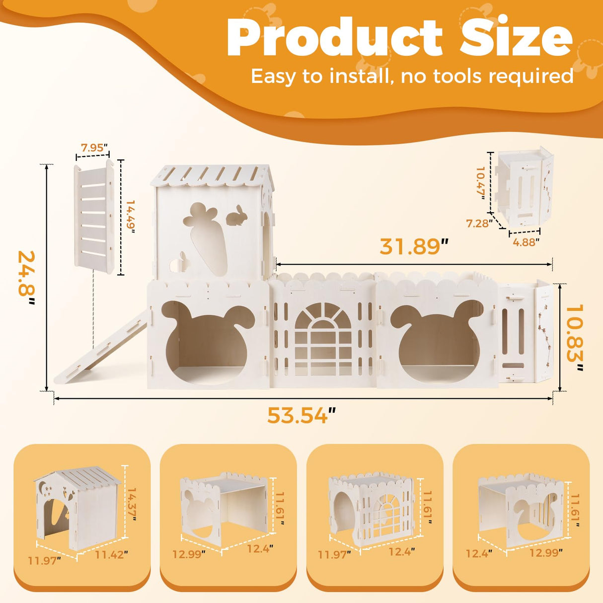 Extra Large Rabbit House, Wooden Bunny Castles with 4 Houses and Hay Feeder, Indoor Guinea Pig Castles Multistory Climbing Tower, Sturdy Wooden Bunny Cage Indoor, Small Animal Pet Rabbit Habitat