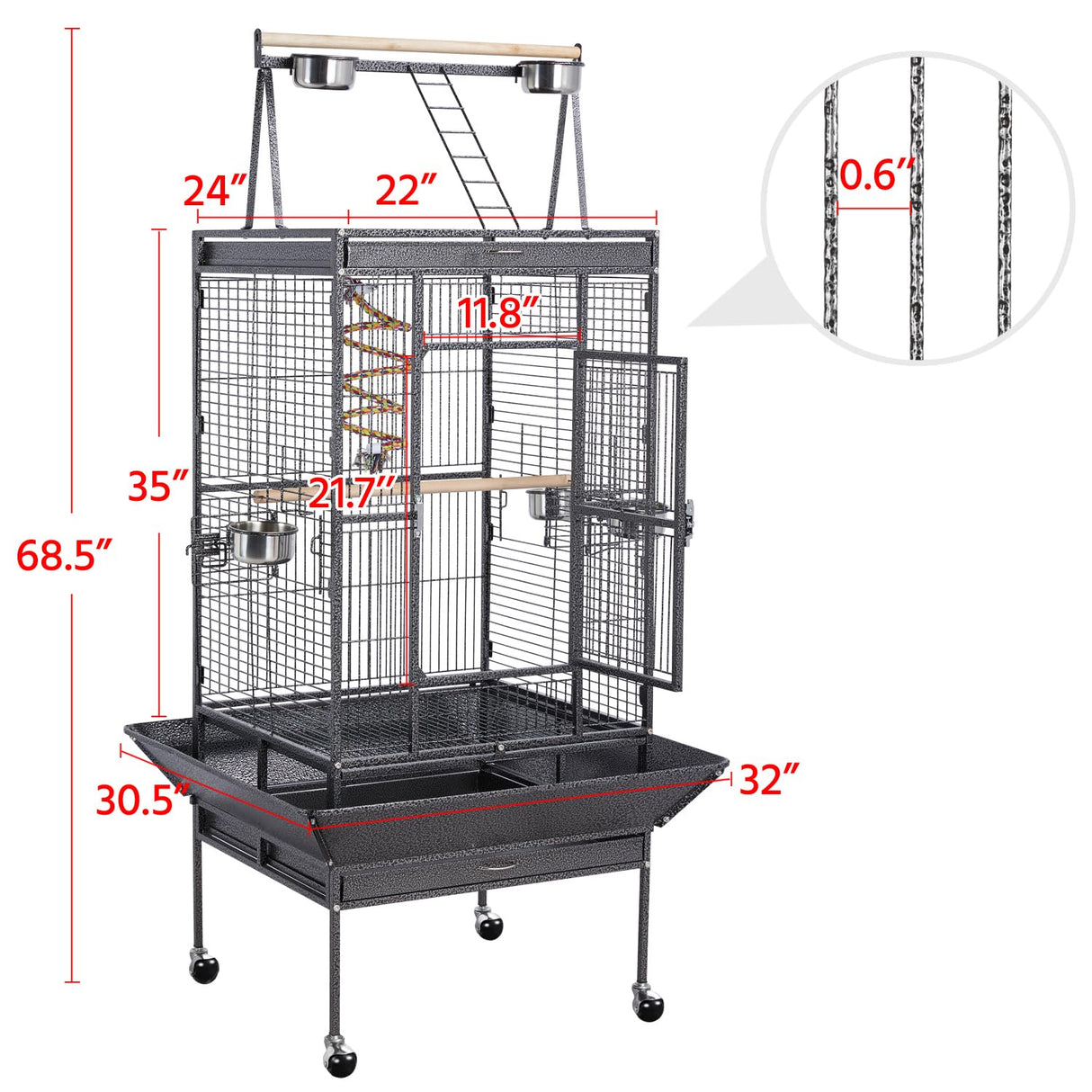 Yaheetech 69-inch Wrought Iron Rolling Large Parrot Bird Cage for African Grey Small Quaker Amazon Cockatiel Sun Parakeet Green Cheek Conure Dove Lovebird Budgie Play Top with Stand