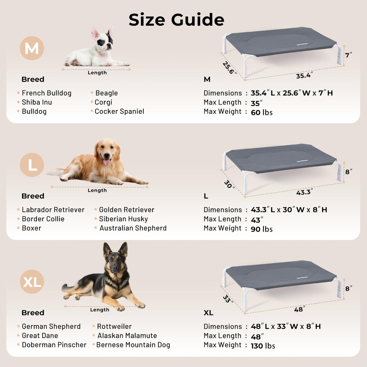 ZOMISIA Elevated Dog Cot Bed Tool-Free Assembly - Outdoor Raised Dog Cooling Bed Frame for Large Pets, Summer Pet Hammock Off Ground with Non-Slip Feet & Waterproof Teslin Mesh, 43x30 Inch