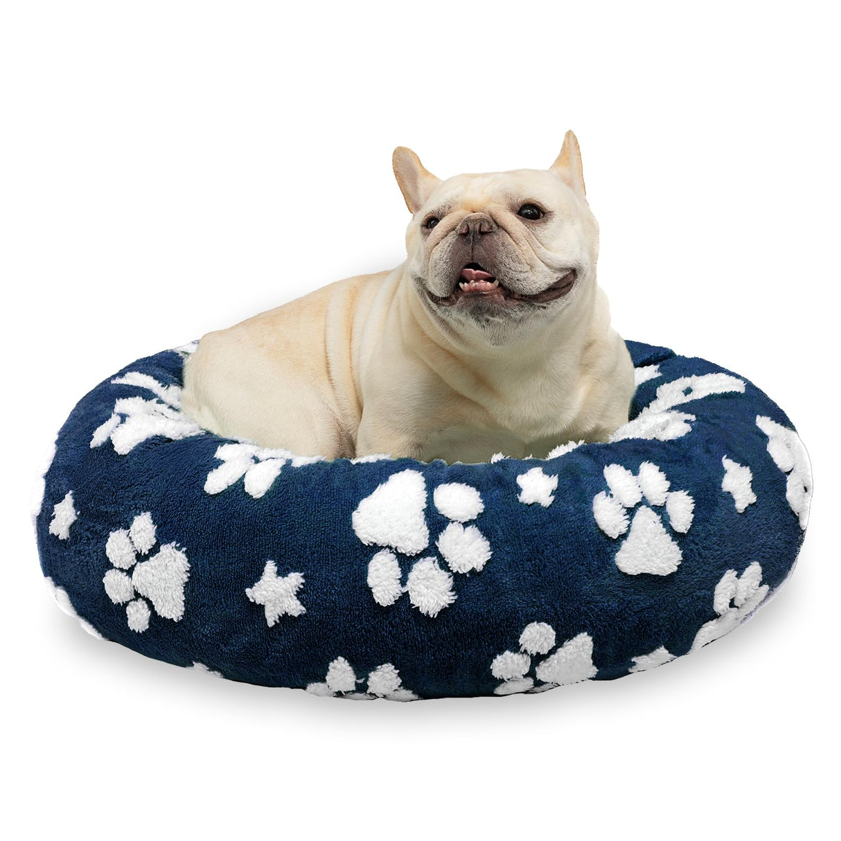 Yaning Donut Dog Beds for Small Dogs, Calming Round Cat Beds for Indoor Cats, Cute 3D Textured Paw Pet Bed with Removable Washable Cover and Anti-Slip Bottom（Navy Blue，23"）