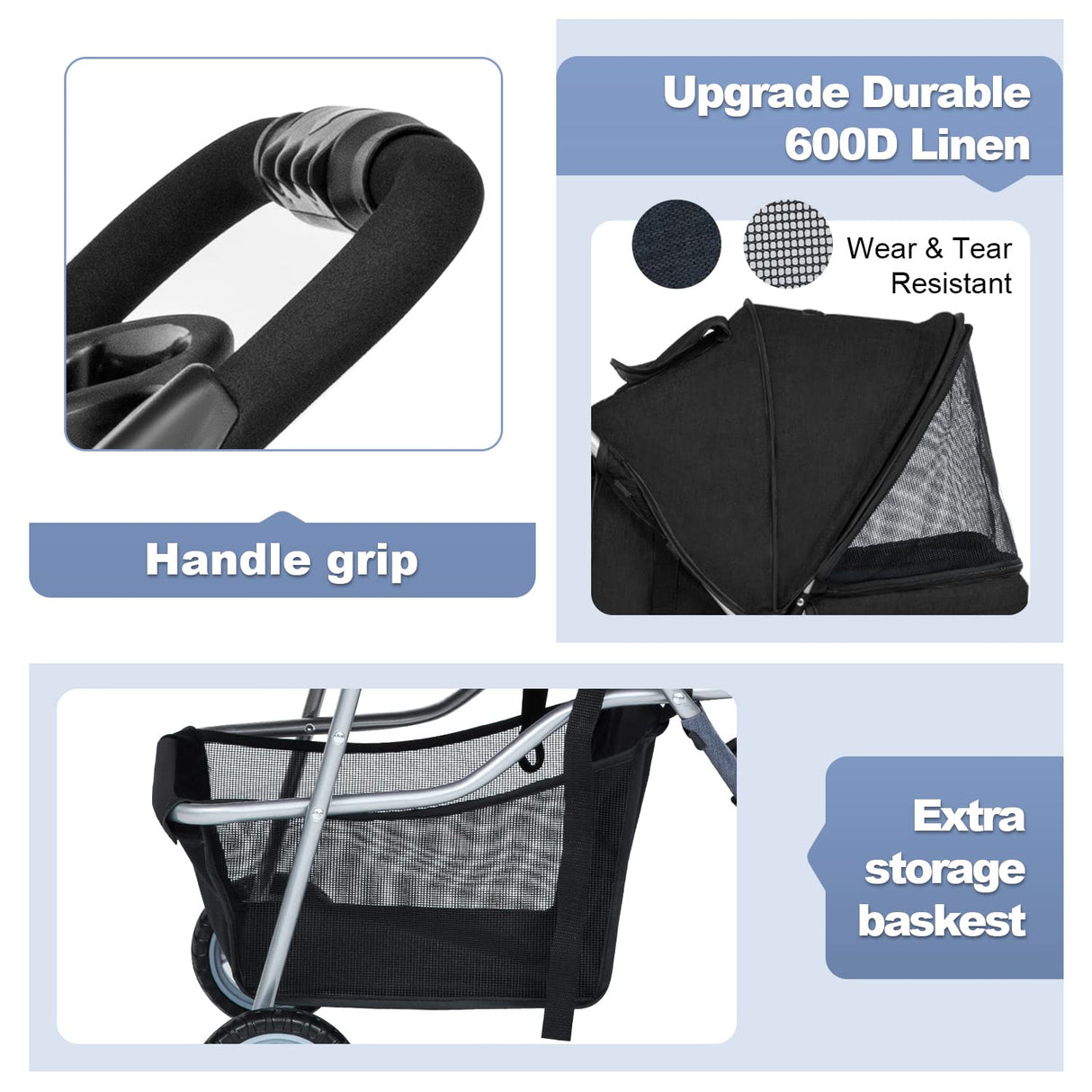 BestPet Pet Stroller Dog Cat Jogger Stroller for Medium Small Dogs Cats Folding Lightweight Travel Stroller with Cup Holder (Black, 3 Wheels)