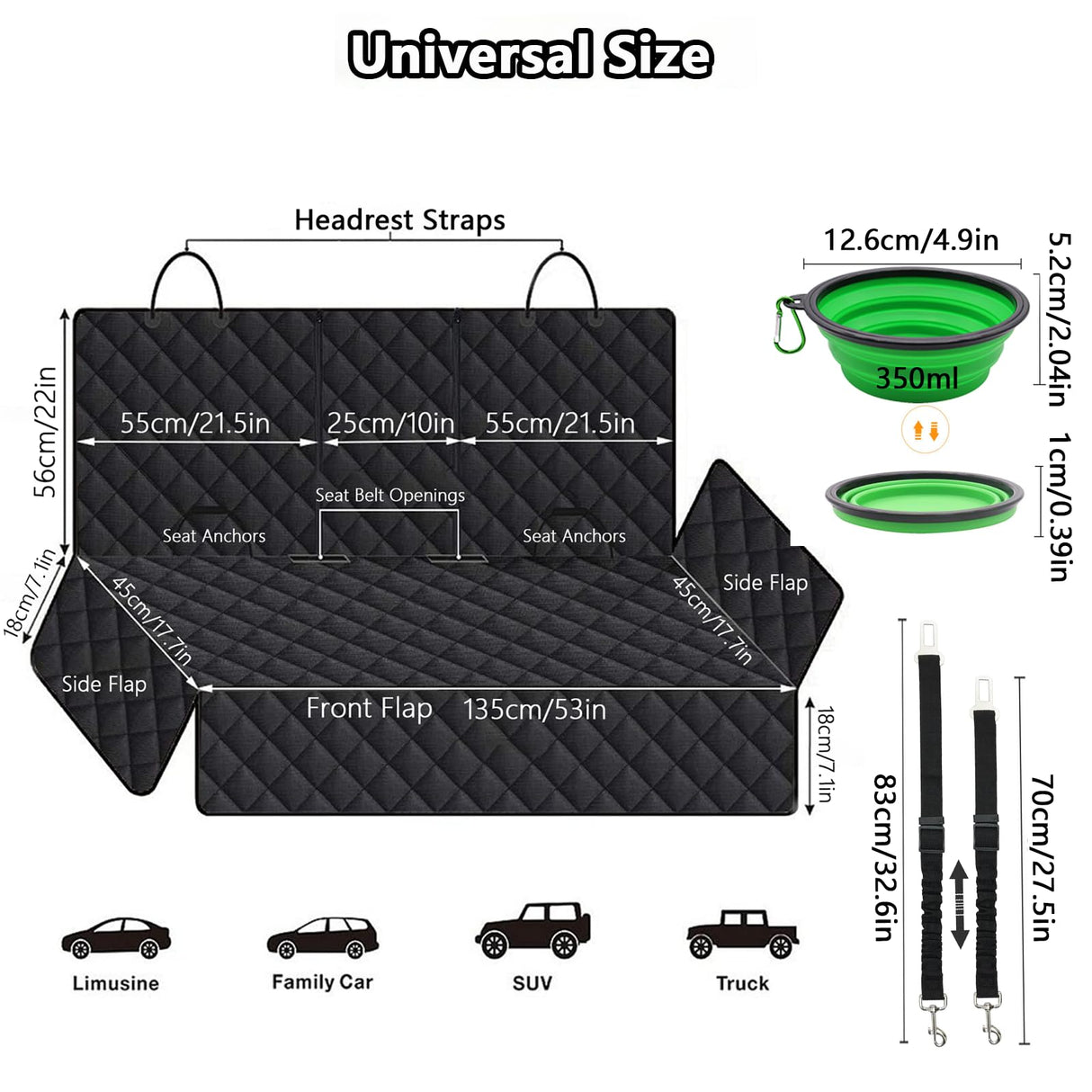 SNZ Waterproof Dog Car Seat Cover for Back Seat, Pet Seat Protector with Non-Slip Backing & Fashion Pattern, Fits Cars Trucks SUVs Universal Bench Seat Cover Incidentally Dog Seat Belt 3 Piece Set